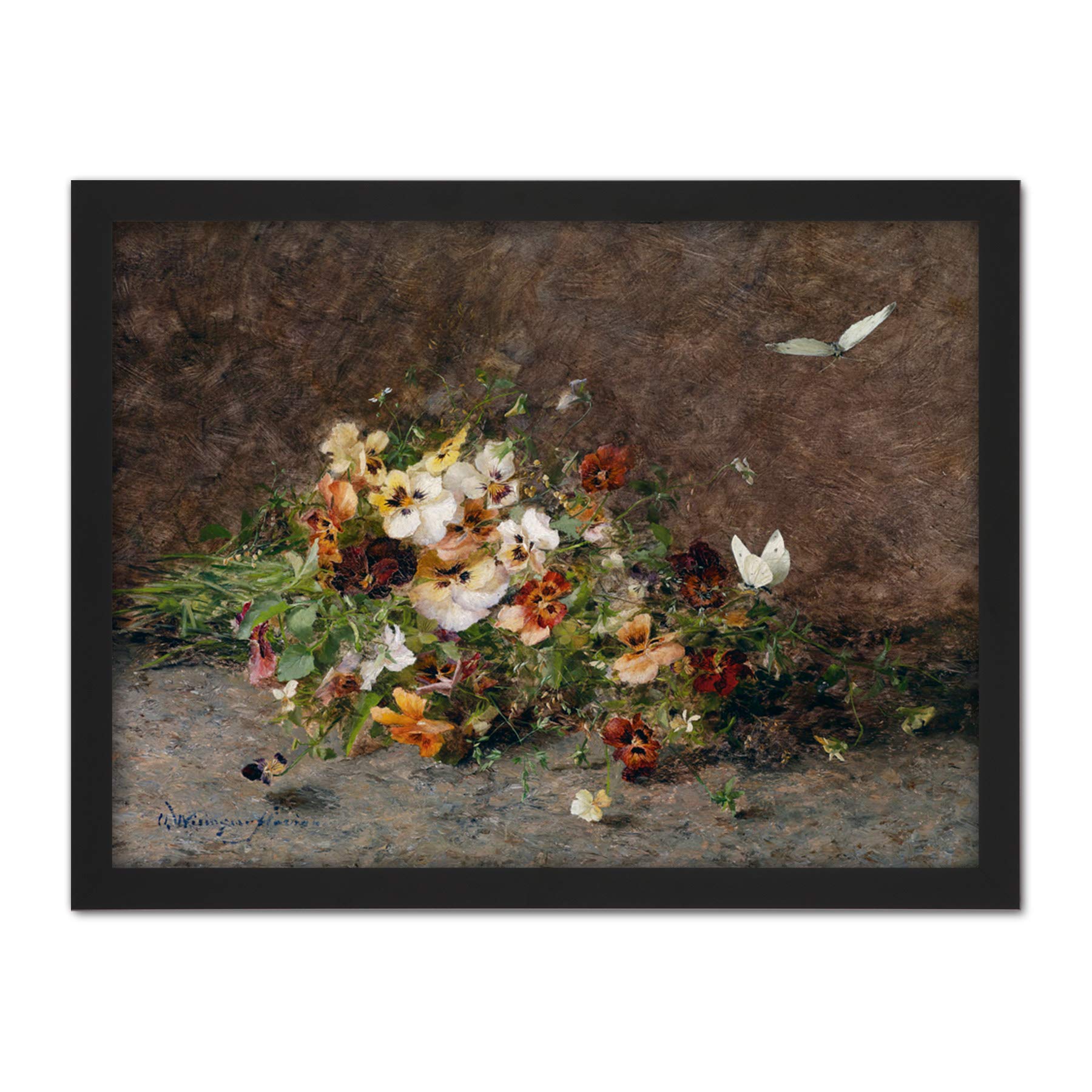 Artery8 Florian Pansies Butterflies Flowers Painting Artwork Framed Wall Art Print 18X24 Inch