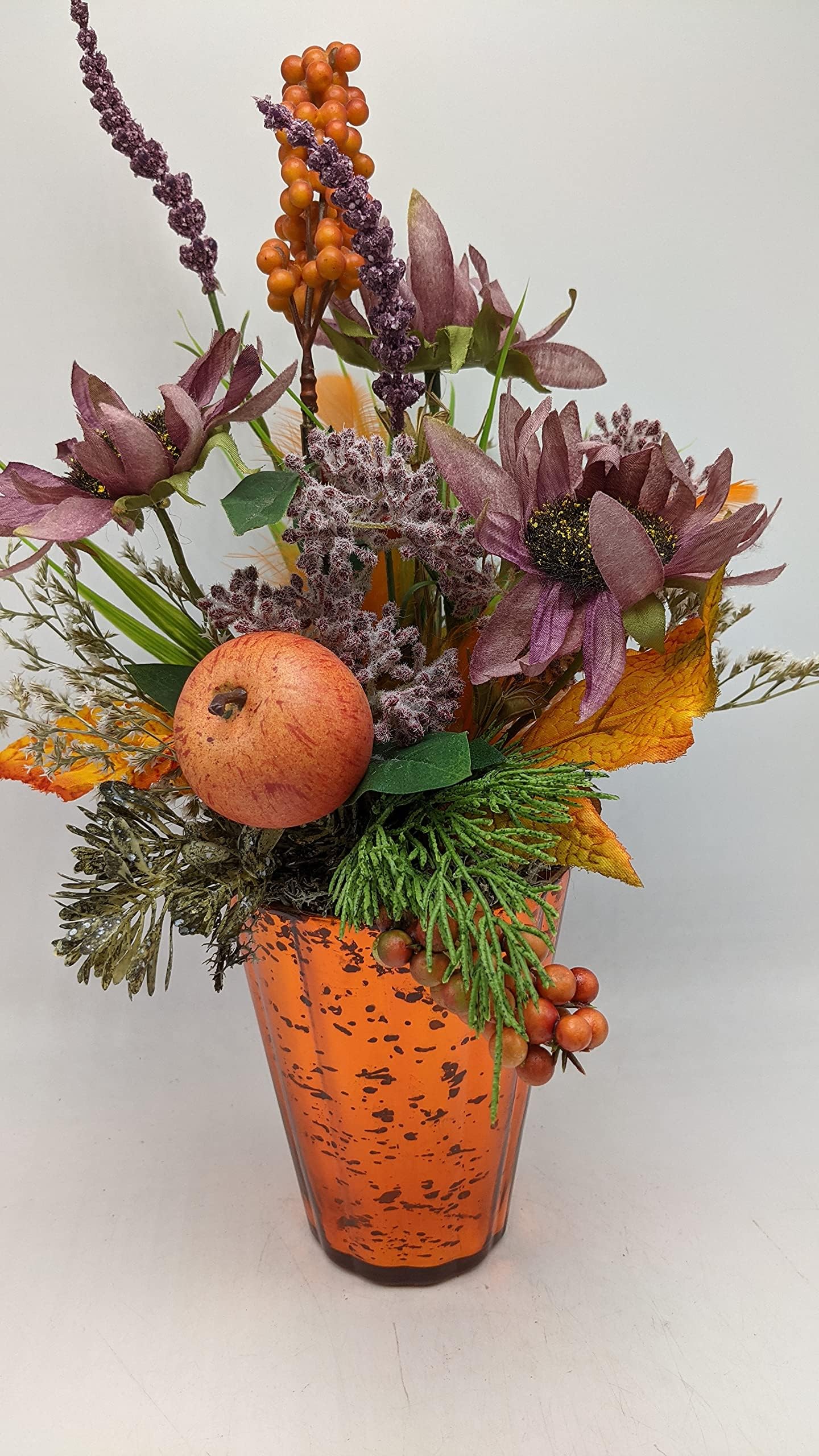 Tischgesteck Herbstgesteck Sonnenblumen Apfel Sanddorn lila orange