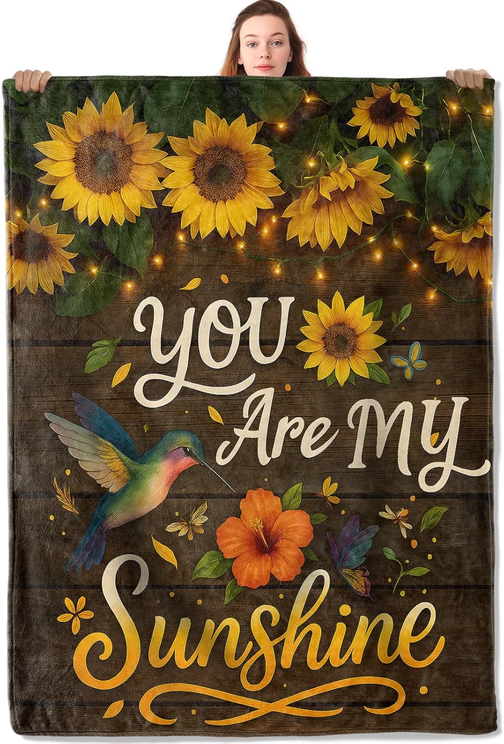 Sunflower Hummingbird Flannel Blanket 50"x60" Wood Floral Bird and Butterfly Lightweight Throw Blankets Birthday for Nature Lovers Office Bedroom Sofa Travel Rustic Home Decorate