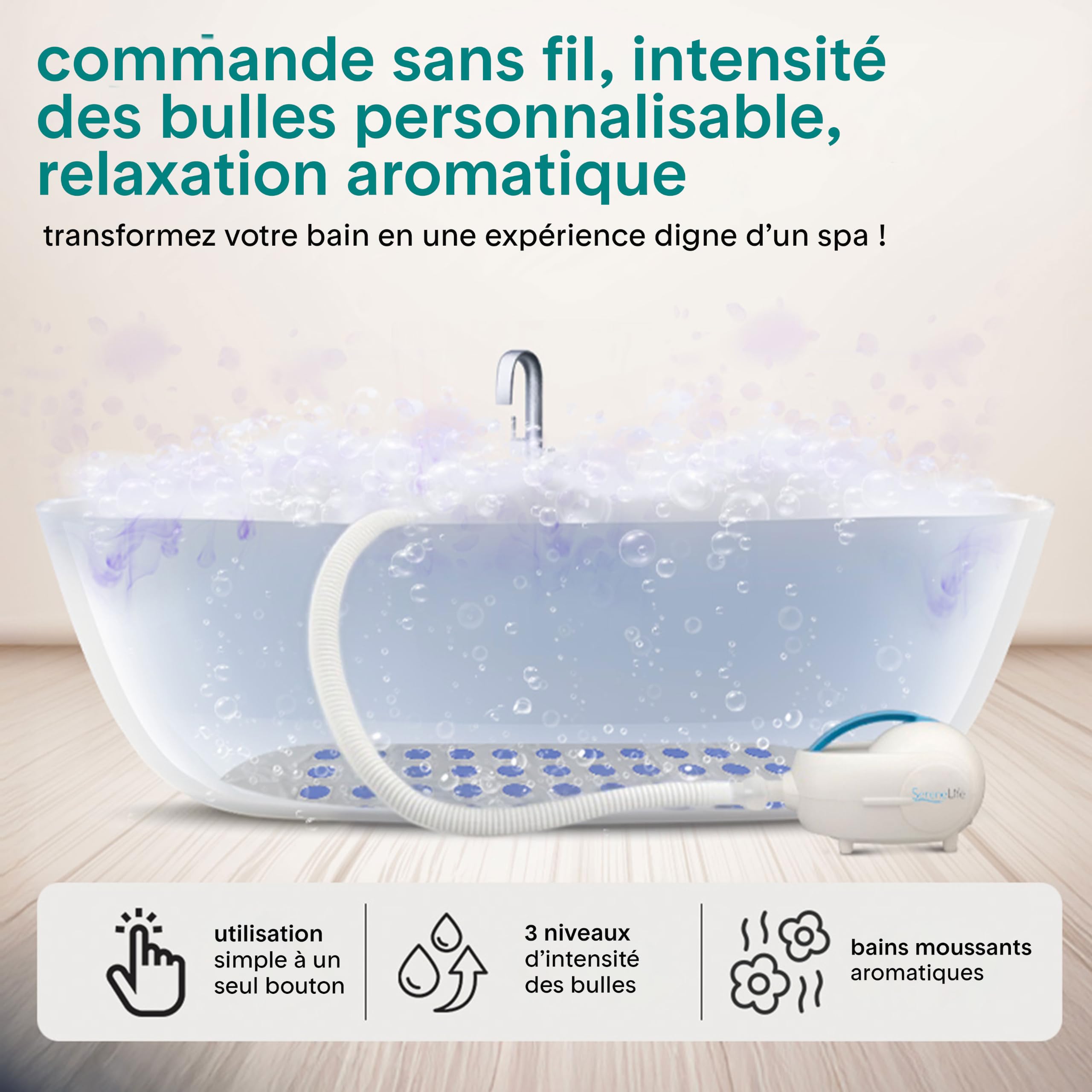 SereneLife Tapis de Bain à Bulles, Tapis pour Baignoire avec Massage à Air et Télécommande, Imperméable, Antidérapant, Intensité des Bulles Ajustable, Diffuseur de Parfums