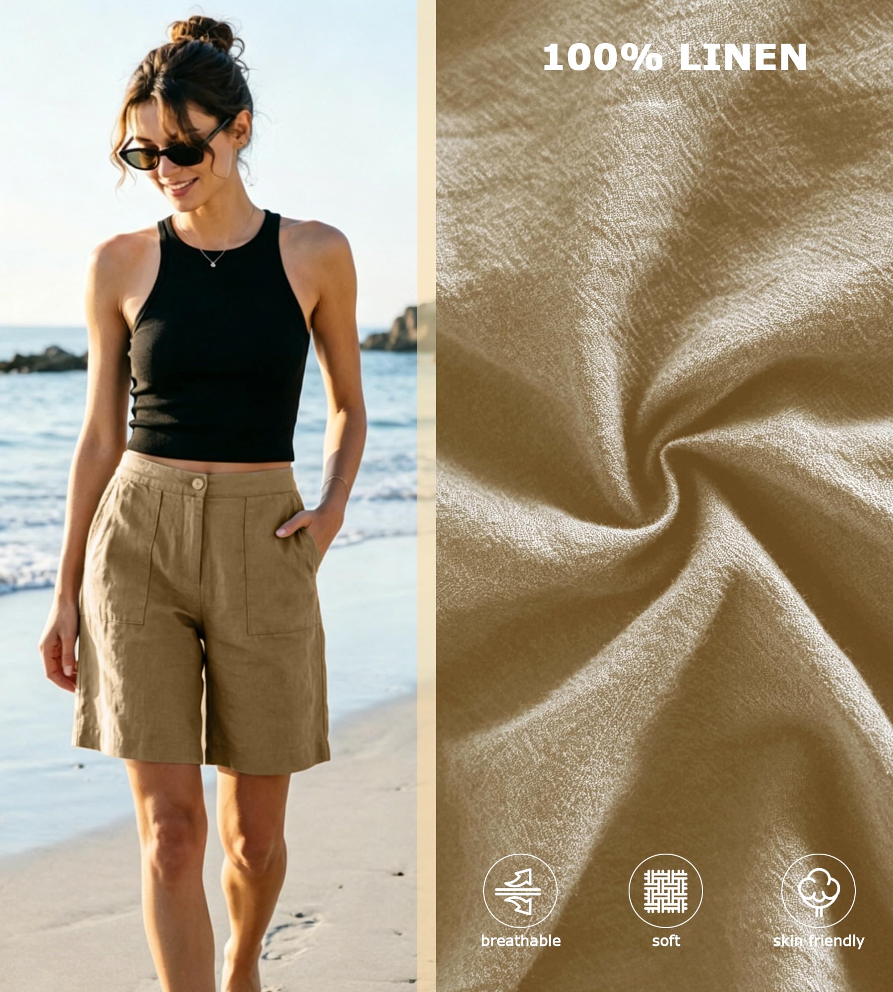 Damskie lniane szorty Bermudy Lniane szorty z kieszeniami Letnie spodenki na co dzień eleganckie lekkie na plażę do pracy na wakacje