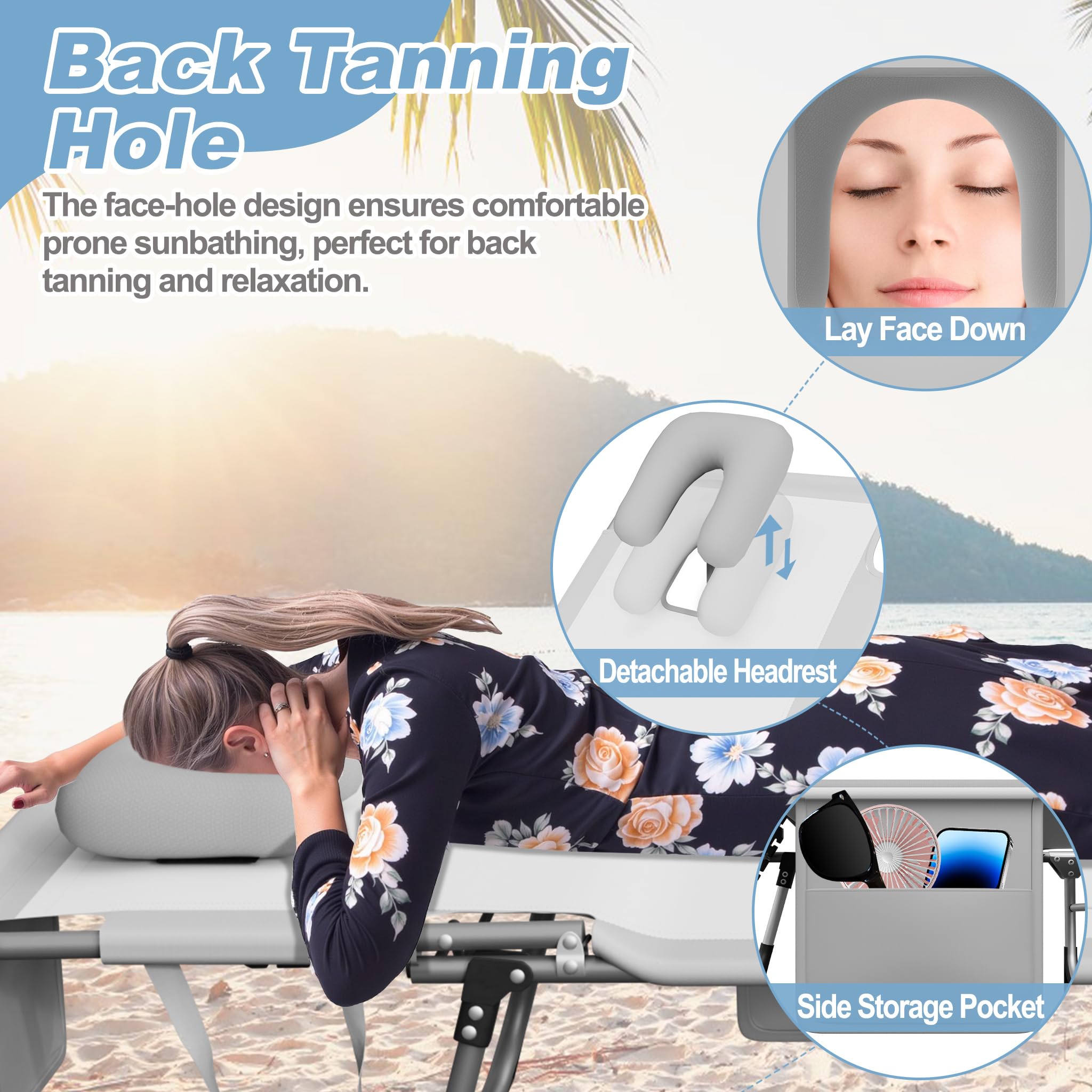 SUBTLETY Lettino pieghevole con cuscino, apertura del viso, schienale regolabile in 3 posizioni e tasca laterale, ergonomico, da giardino, portatile, per campeggio, spiaggia, ufficio (grigio chiaro)