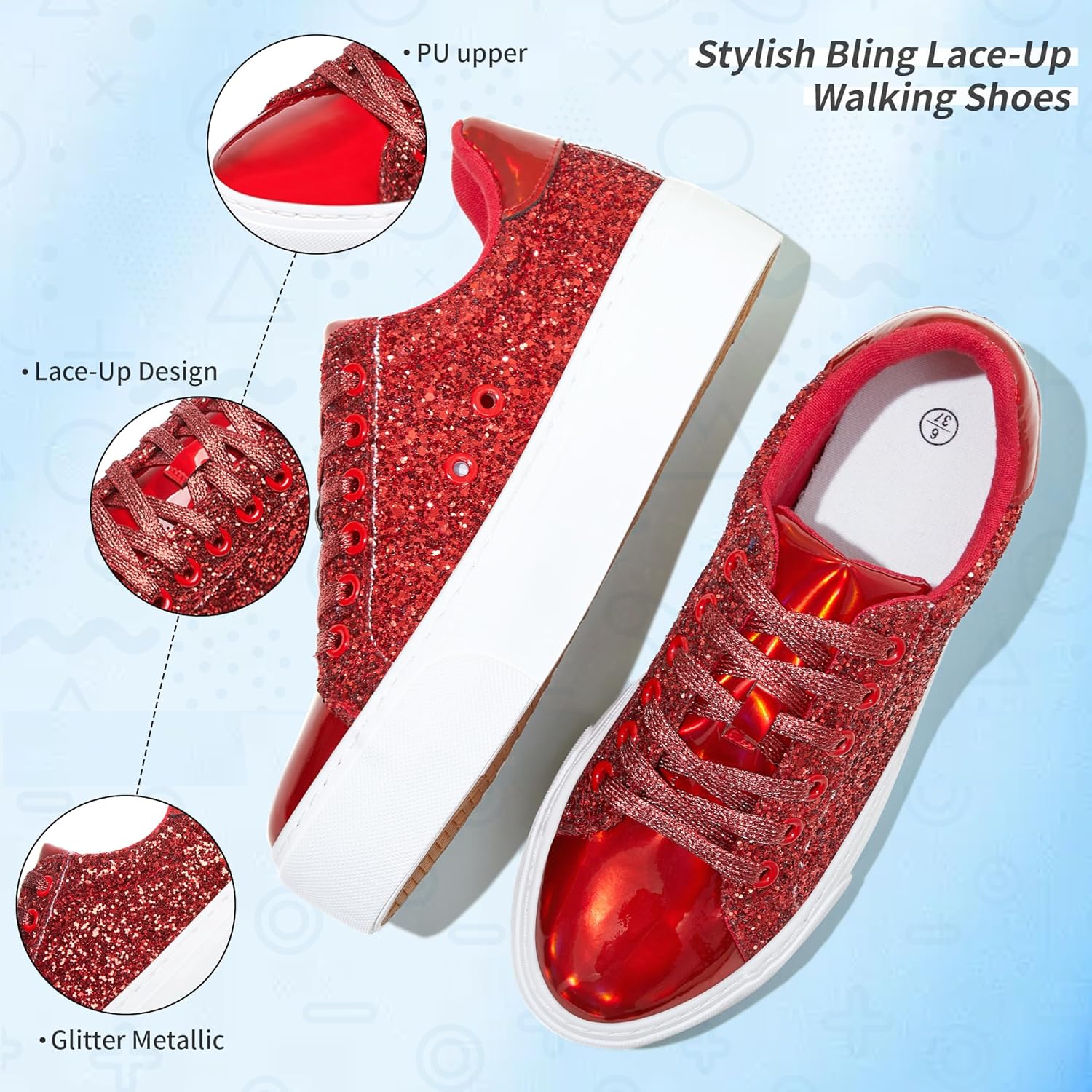 AISFAES Women Glitter Platform Sneakers Sparkly Lace-Up Chunky Sneakers Fashion Low-Top Tennis Shoes Comfortable Metallic Sequin Walking Shoes - Image 4