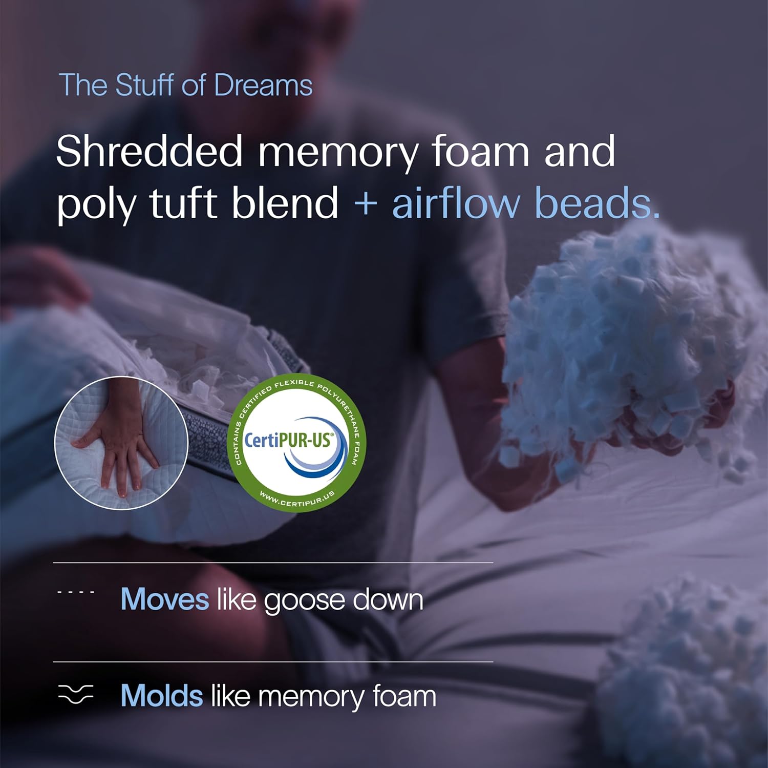 DreamyBlue Gusseted Sapphire Pillow • Adjustable Loft, Luxury Cover, Shredded Memory Foam Fill w/Airflow Beads •Ideal for Wide Shoulders •Neutral Alignment for All • CertiPUR-US Certified Foam (King)