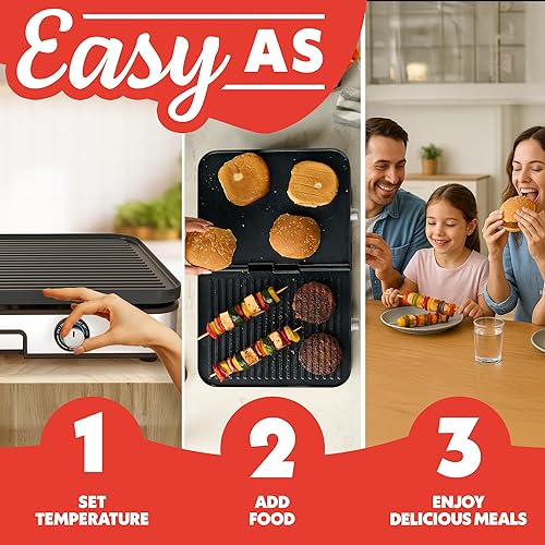 Miniatura 10 de Gourmia 3-in-1 Indoor Grill & Griddle Electric Combo – Dual Independent Cooking Zones, Reversible Nonstick Ceramic Plates, XL Cooking Surface,