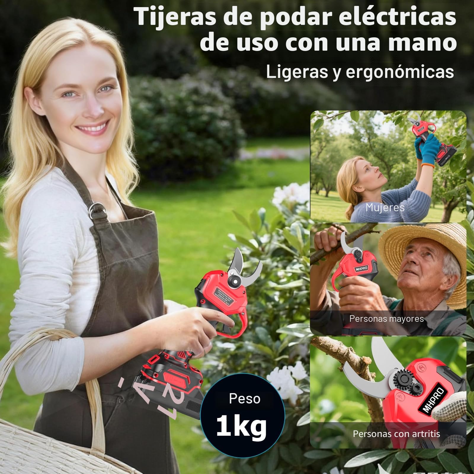 Tijeras de Podar Electricas Sin Escobillas, MHPRO Tijeras de Podar 21V con Baterías 2x2000mAh, Pantalla LCD, Tijeras podar Bateria para Jardinería, Árboles Frutales, Viñedos y Granja, Rojo