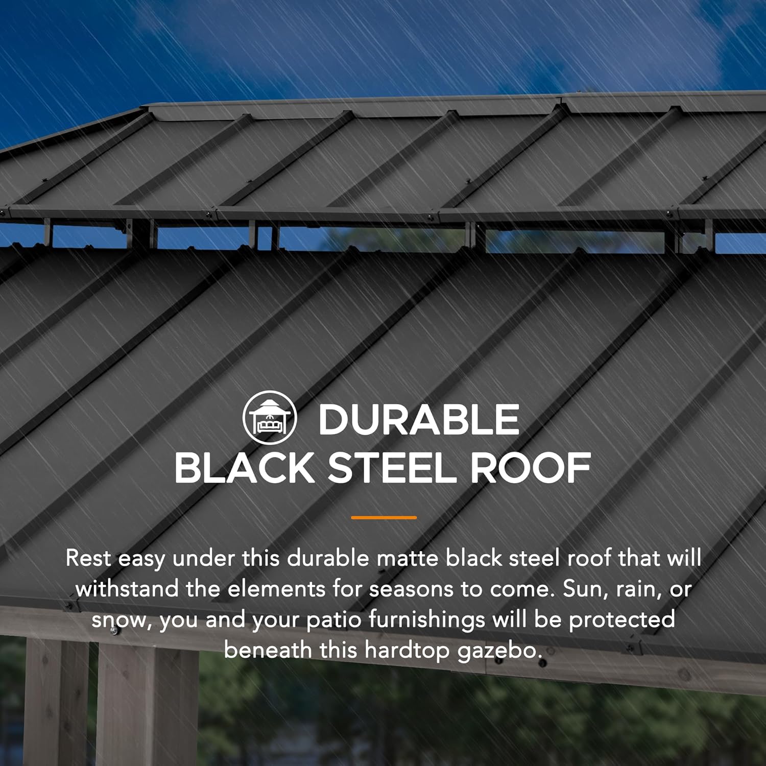 Image showing the ventilated 2-tier top of the gazebo, with arrows indicating airflow and UV protection.