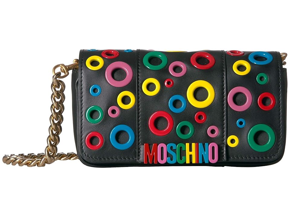 

Moschino Mulitcolored Eyelet Logo Shoulder Bag (Black Leather) Handbags