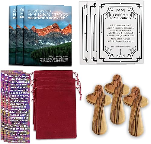 Cruz de mano certificada de madera de olivo de la Tierra Santa de Israel. Pequeña, bolsa de terciopelo, folleto de meditación, marcador de oración
