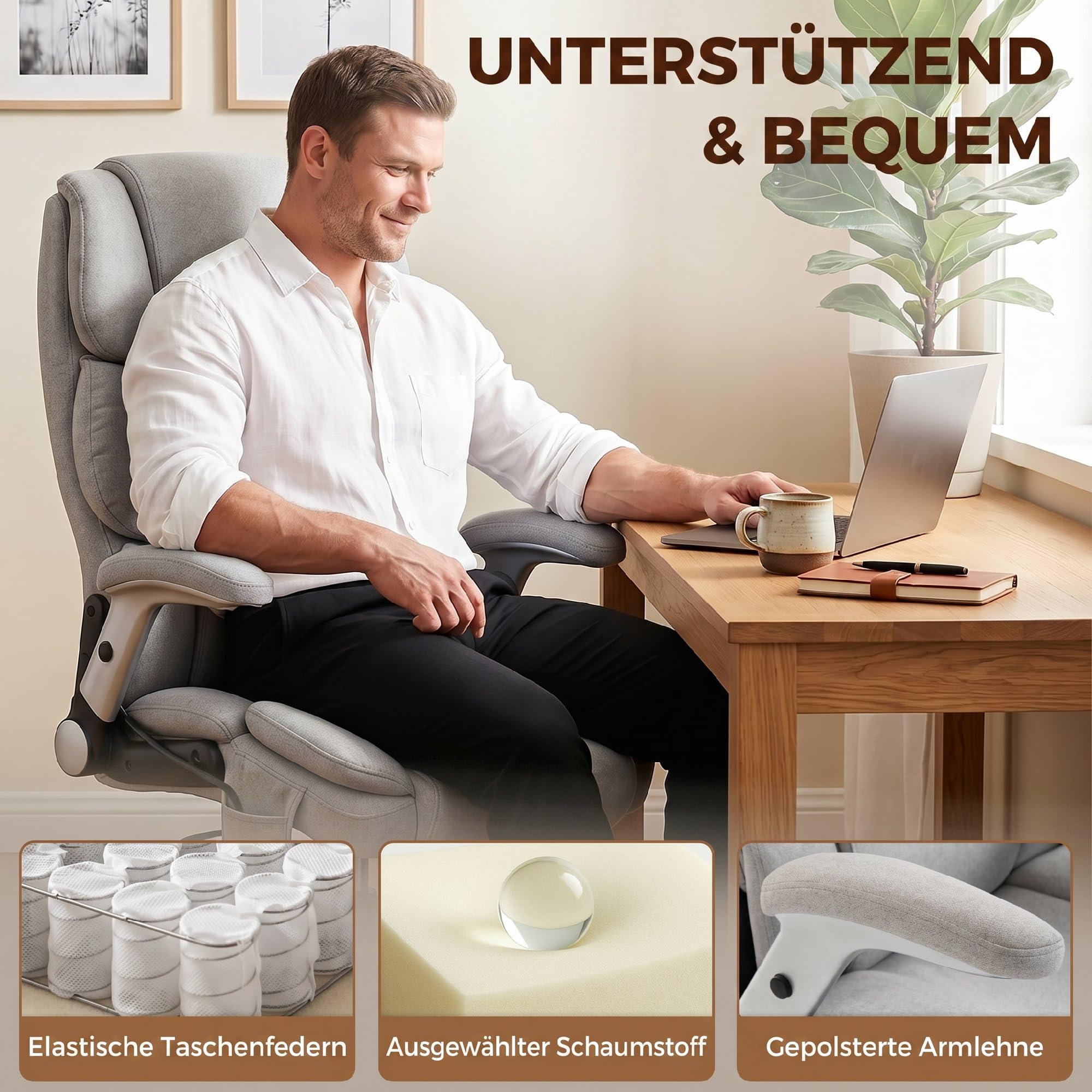 HOMCOM Bürostuhl Ergonomischer Chefsessel Wippfunktion 180 kg Hellgrau | Hochklappbare Armlehnen, Breiter XXL Sitz, Höhenverstellbarer Schreibtischstuhl, Airbag-Lendenstütze, Drehstuhl