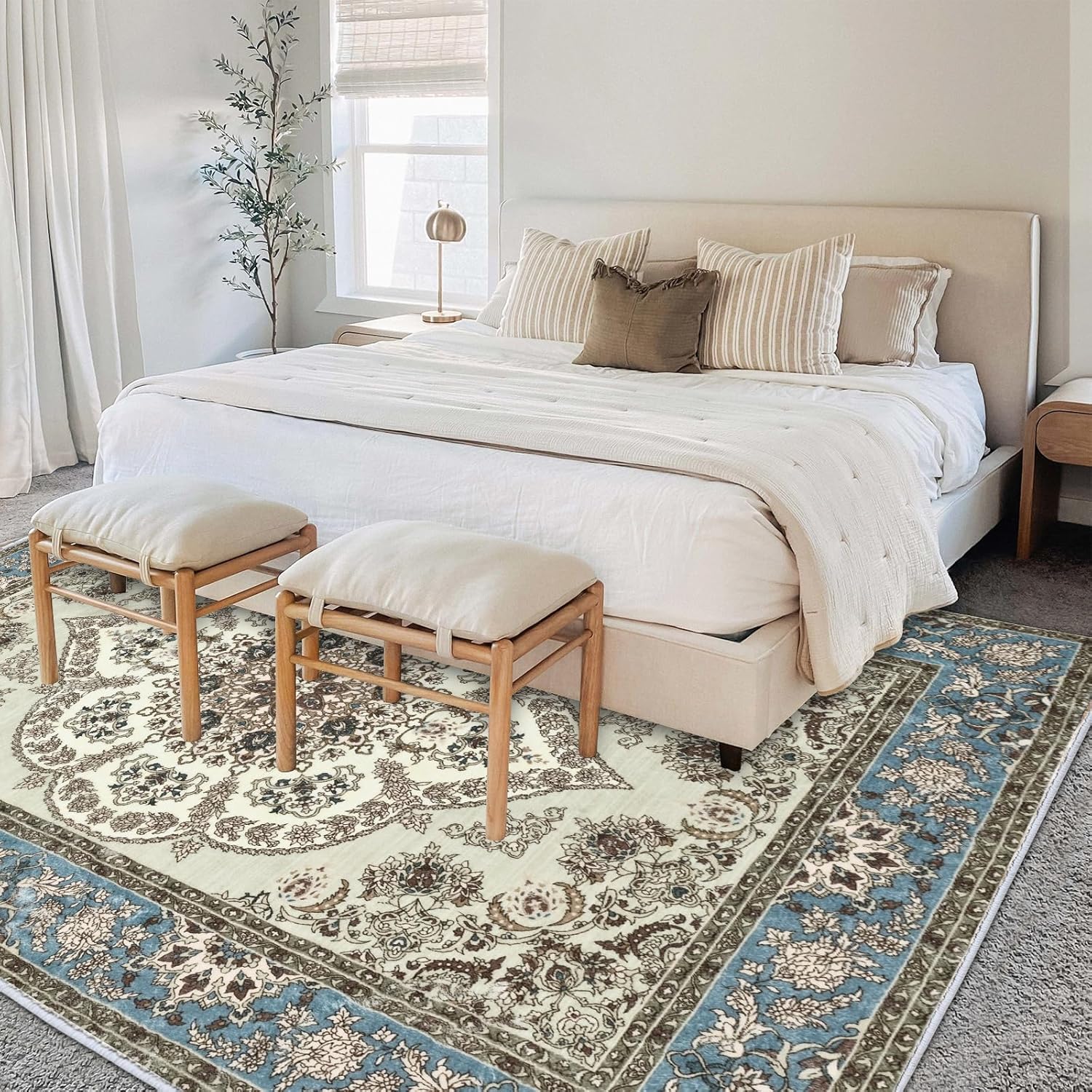CRUGZ Boho Washable 5x7 Feet Area Rug, Ultra Soft Faux Wool Area Rugs Non-Slip Backing for Bedroom Living Room, Vintage Low Pile Room Decor Carpet (Blue/Cream, 5'x7')