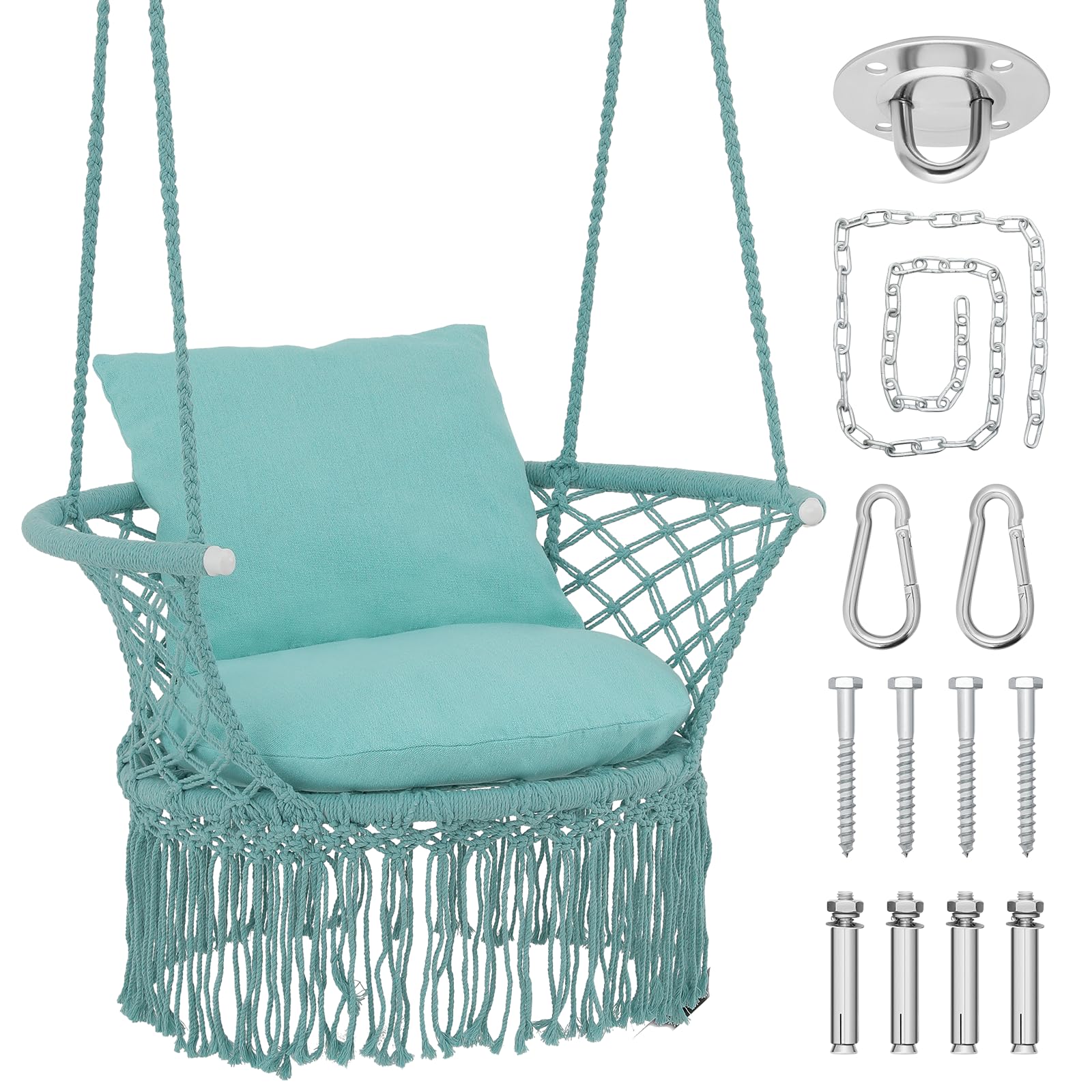 Athena Collection Hammock Swing Chair with Cushion, Outdoor Macrame Chair with Mounting Hardware, Max 350 Lbs, Large Cotton Rope Hanging Chair for Outdoor Indoor Porch Garden, Green