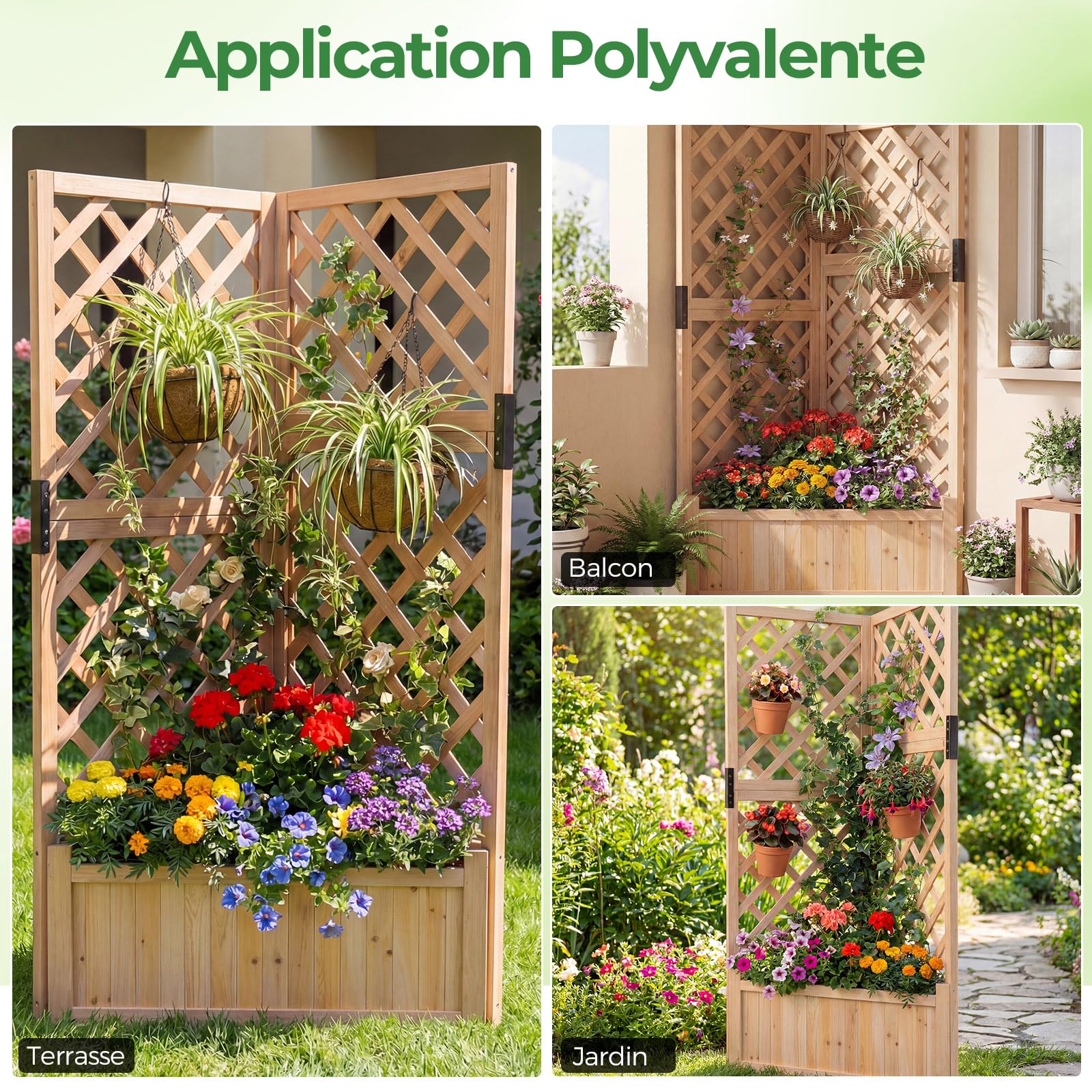 GOPLUS Jardinieres Exterieur avec Treillis en Bois, Jardinière d’Angle en Treillis Surélevée, Trous de Drainage, Bac à Fleurs, Plantes, 55x55x140 CM Idéal pour Balcon, Terrasse, Patio (Naturel)