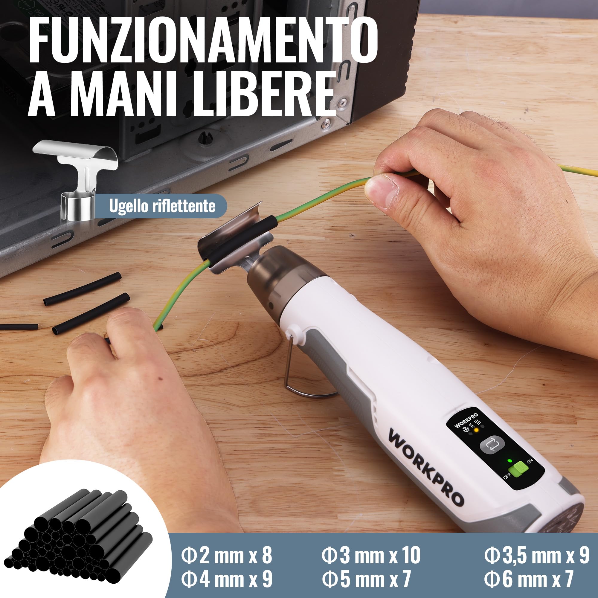 WORKPRO Pistola ad aria calda mini 8V con batteria 4000 mAh, 300℃/450℃, riscaldamento rapido in 30 s, con ugello riflettente e 50 guaine termorestringenti per fai-da-te, riparazioni e lavori creativi