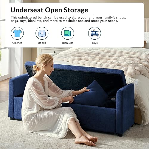 Miniatura 9 de EcoHarbor - Banco otomano de almacenamiento moderno para dormitorio, banco de pie de cama con almohadas y brazos, taburete reposapiés para sala de