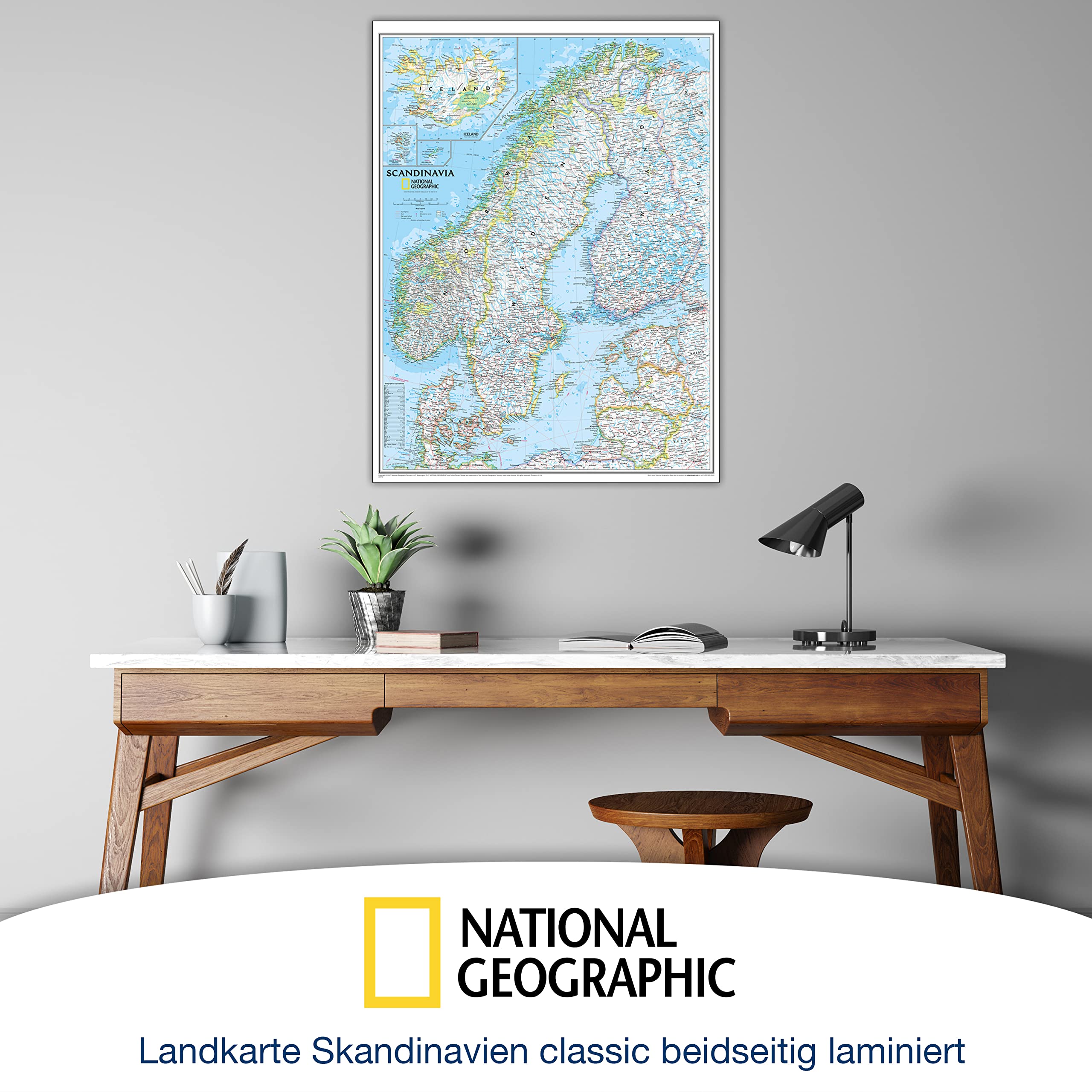 ORBIT Globes & Maps - Skandinavien Landkarte, Kartenbild von National Geographic - Landkarte classic beidseitig laminiert, Aktuell 2026, 58 x 76 cm, englisch