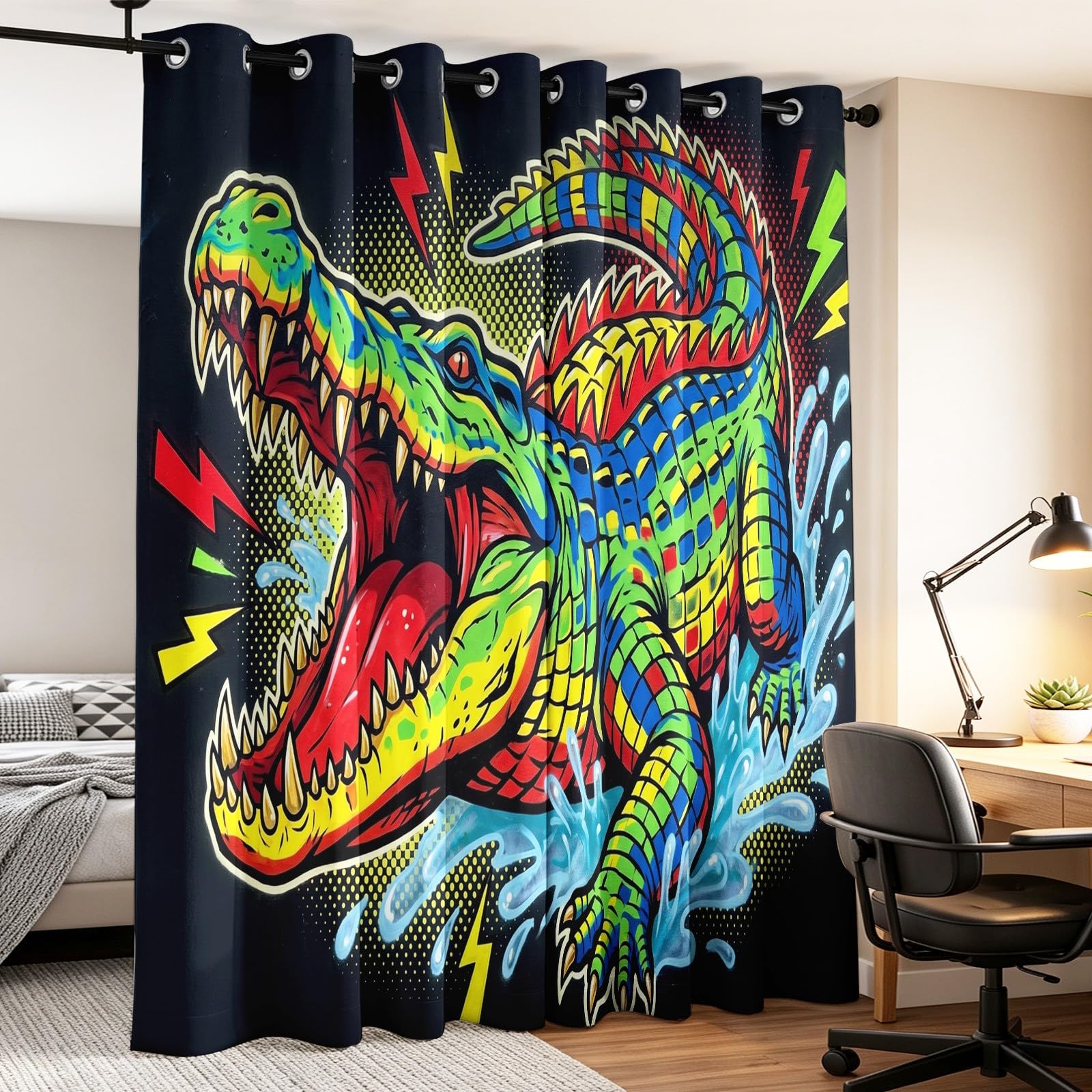 Generisch Pop modne zasłony zaciemniające na przelotkach, zasłona termiczna, krokodyle, komiks, zasłony zaciemniające, wys. 280 x szer. 140 cm, zasłona zaciemniająca do sypialni, pokoju dziecięcego
