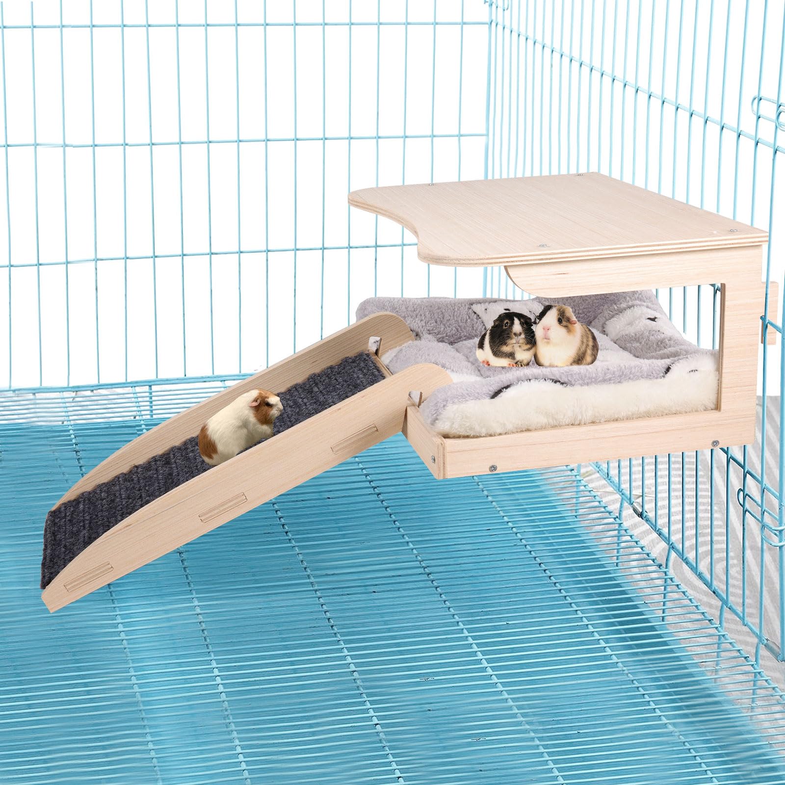 Guinea Pig Hideout, Hamster Hut Habitat Toys Bed Natural Wooden Small Animal House with Stairs Ramp and Mat Detachable Chinchilla Cage Accessories Rabbit Pet Platform for Chinchilla Bunny Hide