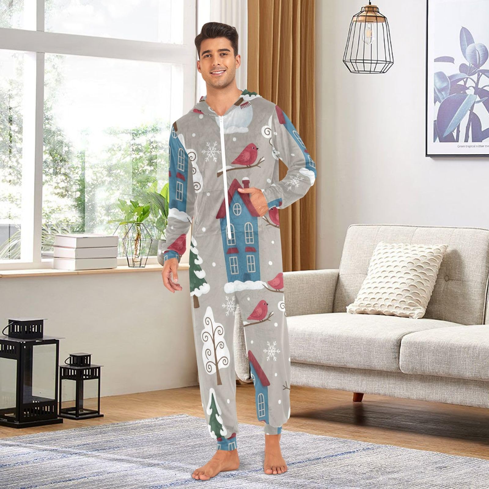 Whimsical Winter Snow Trees Adulto Onesie Pigiama, Morbido Accogliente Tuta di Natale, In Pile Un Pezzo Loungewear