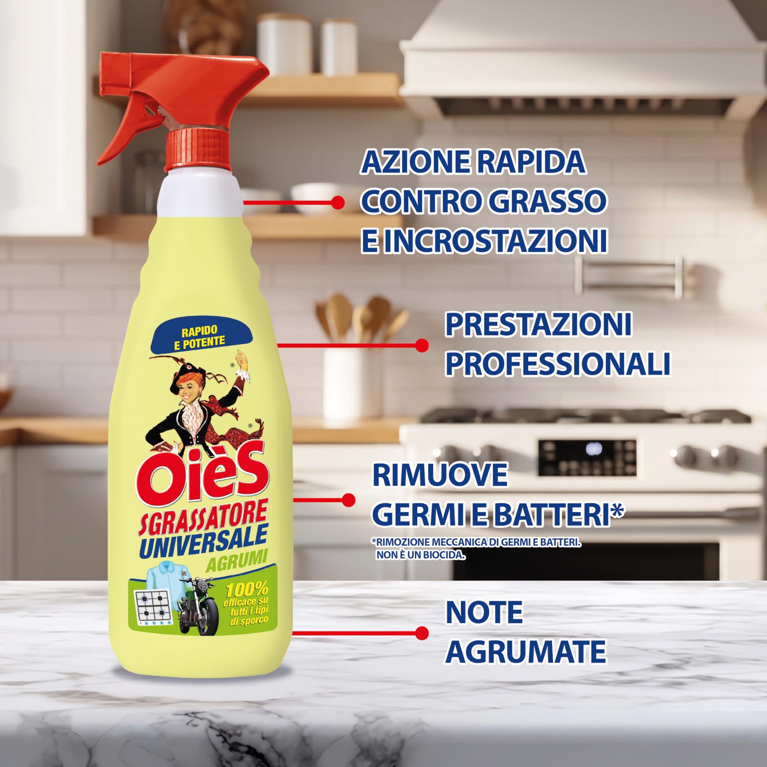 OièS Sgrassatore Universale 750 ml - Spray Sgrassante Rapido e Potente per Cucina, Forno, Piano Cottura, Acciaio e Superfici Lavabili - Elimina Grasso Ostinato e Sporco Incrostato - Agrumi (8 Unità)