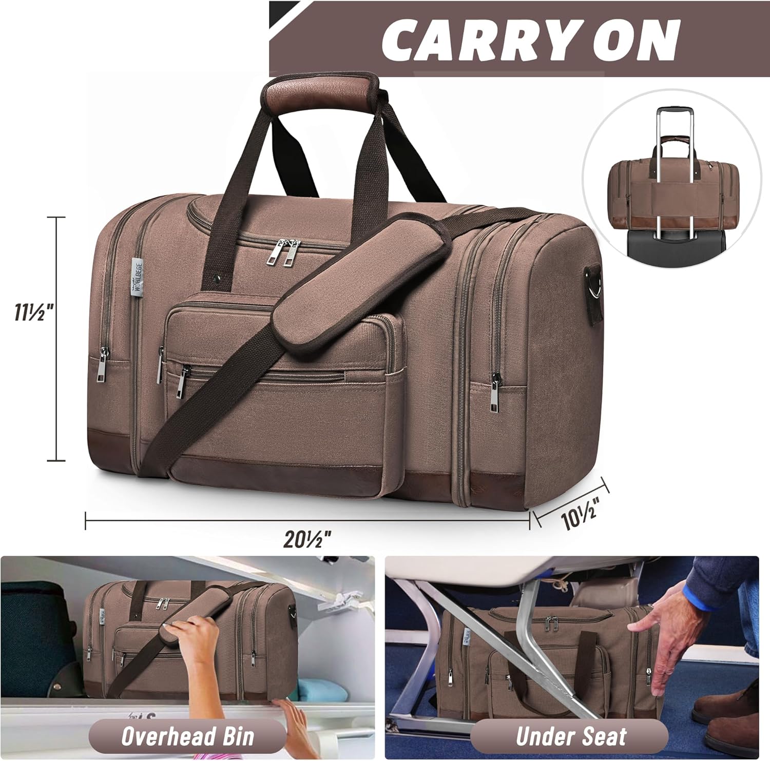 Wolhbege Duffle Bag for Travel,Mens Travel Bag & Carry On Bag for Men with Expandable Design and Luggage Sleeve –Duffel Bag for Gym, Weekender, Overnight Trips Brown - Image 4