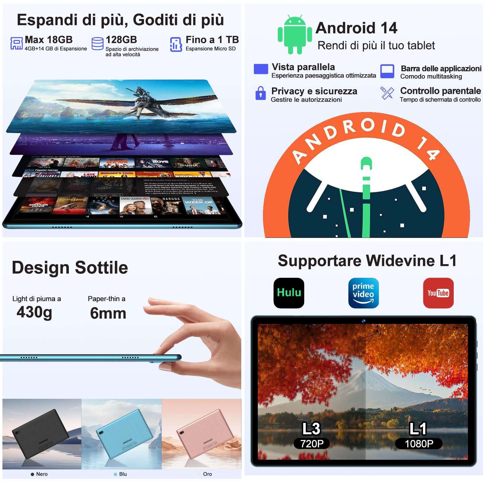DMOAO Tablet 10 Pollici Android 14 con 18 GB RAM + 128 GB ROM(TF 1TB), FHD Tablet con 5G Wi-Fi 6, Widevine L1, Octa-Core, USB-C, BT 5.0, 6000 mAh, Tastiera + Mouse + Custodia, Blu
