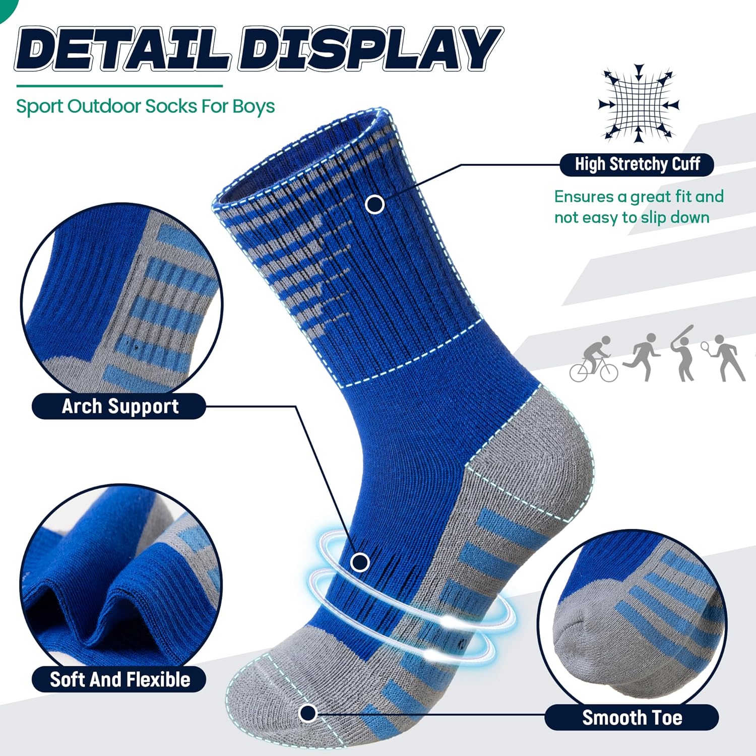Kids Boys Athletic Socks Sport Basketball Crew Soft Cotton Breathable Youth Casual Socks 6 Pairs - Image 3