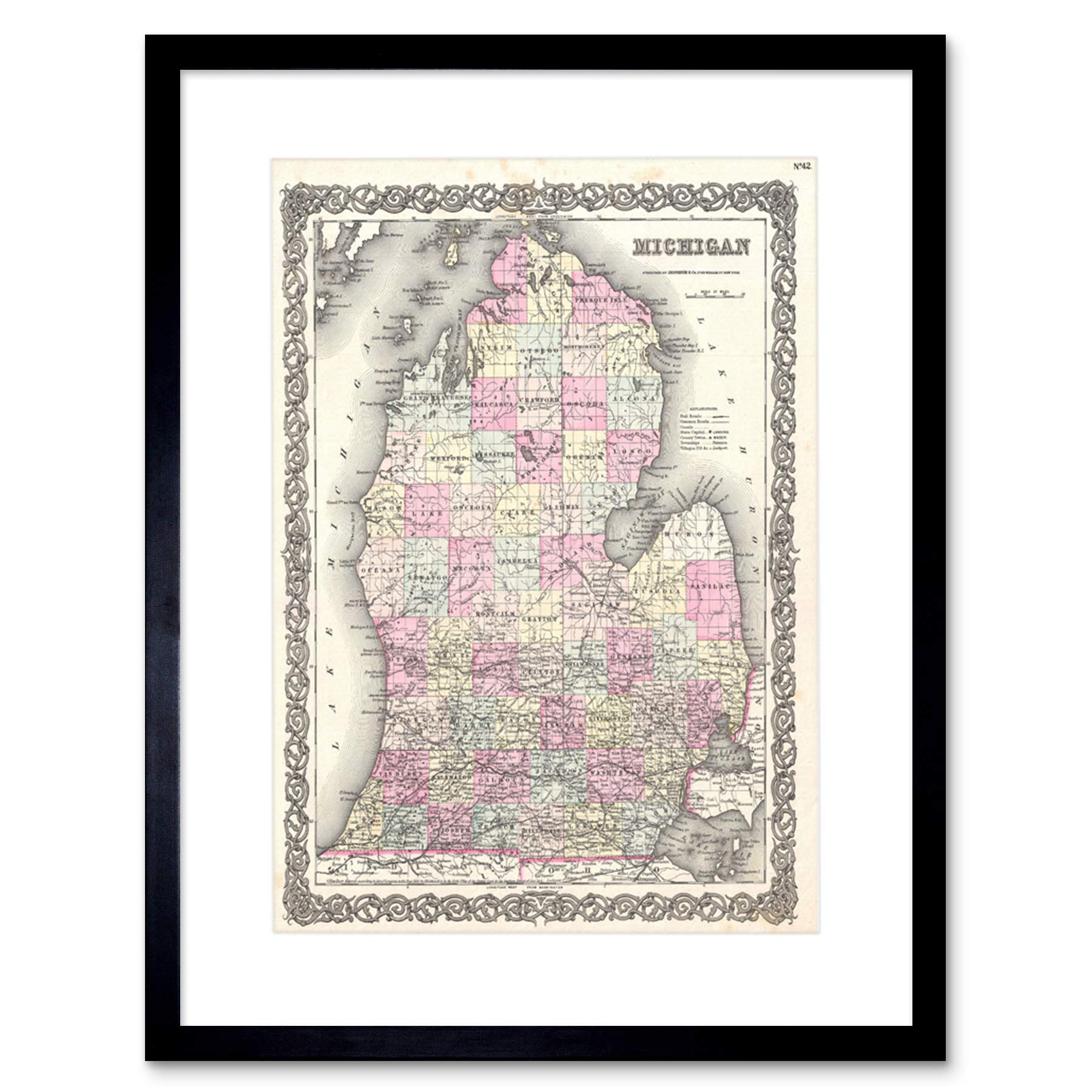 Wee Blue Coo 1855 Colton Map Michigan Vintage Art Picture Framed Wall Art Print