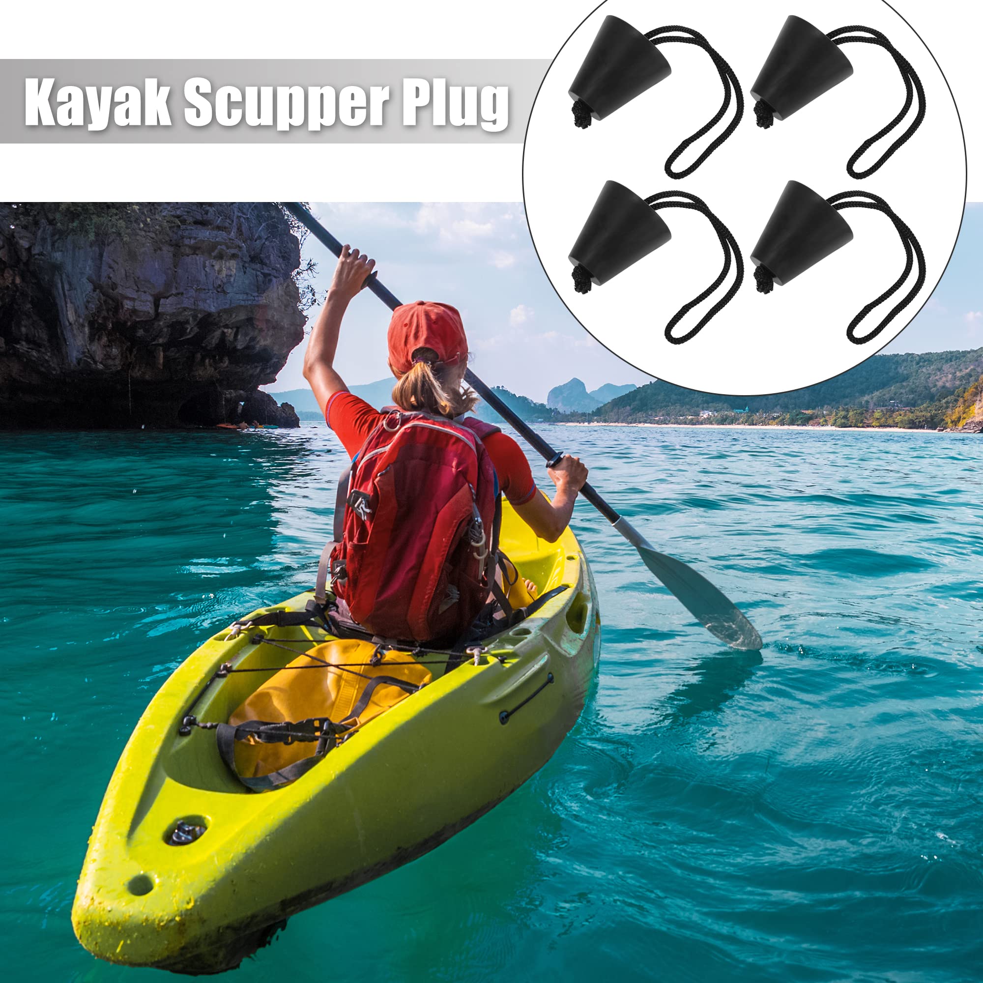 X AUTOHAUX 4 Pcs Universal Black Rubber Kayak Scupper Plug Scupper Plugs Drain Holes Stopper Bung with Lanyard for Native Kayaks Wilderness Systems Perception Kayaks