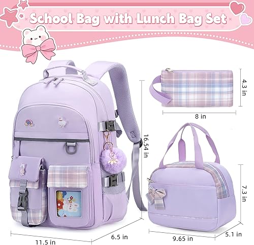 Miniatura 2 de Mochila para niñas de 15.6 pulgadas para computadora portátil, mochila escolar para niños, 3 piezas, mochilas, caja de almuerzo, estuche para
