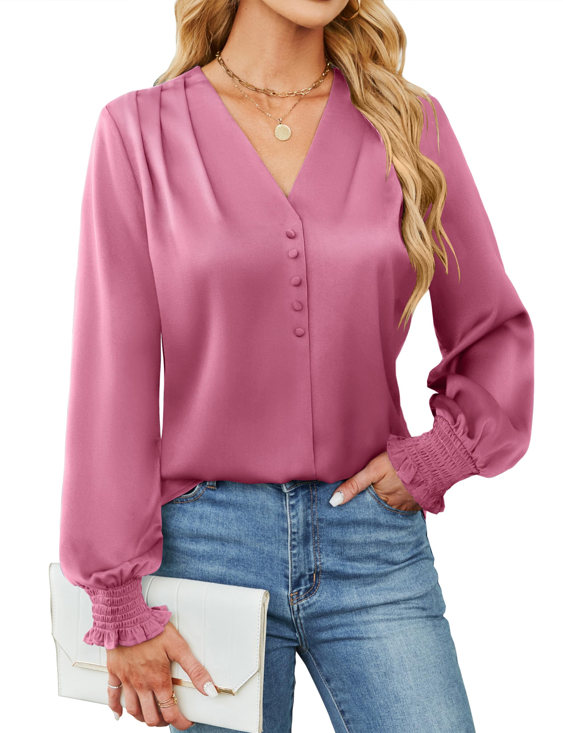 BMJL Women's Blouses Dressy Casual Satin Silk Long Sleeve Shirts Business Casual Tops