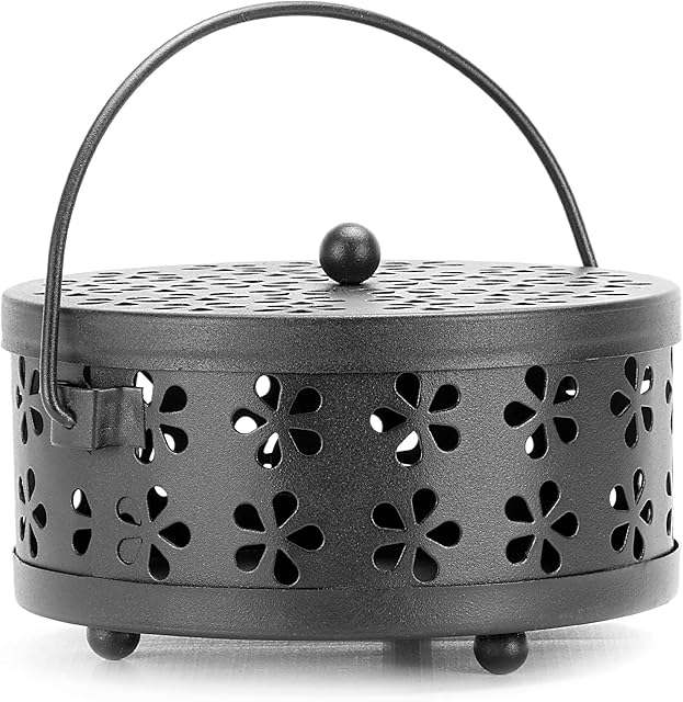 Mosquito Coil Holder Black | Metal Incense Burner | Portable Bug & Insect Repellent | Home & Garden Fragrance & Aromatherapy | Includes Lid and Handle | M&W