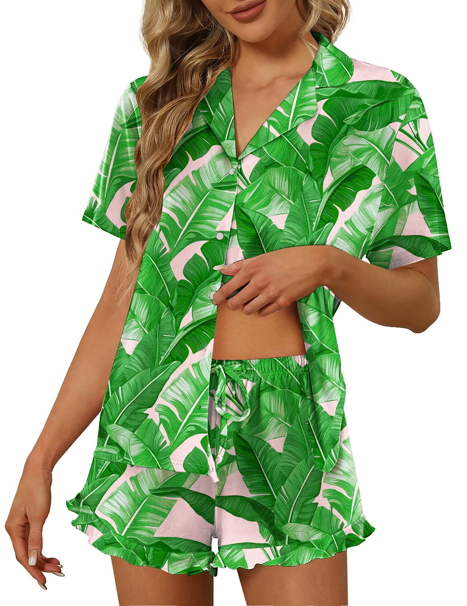 Ekouaer Pajamas Set for Women Short Sleeve Sleepwear Button Down Ruffle Pjs | Soft Pjs Shorts Set, Notch Collar, Lounge Sets for Sleep, Lounge, Wedding, Bridal Party