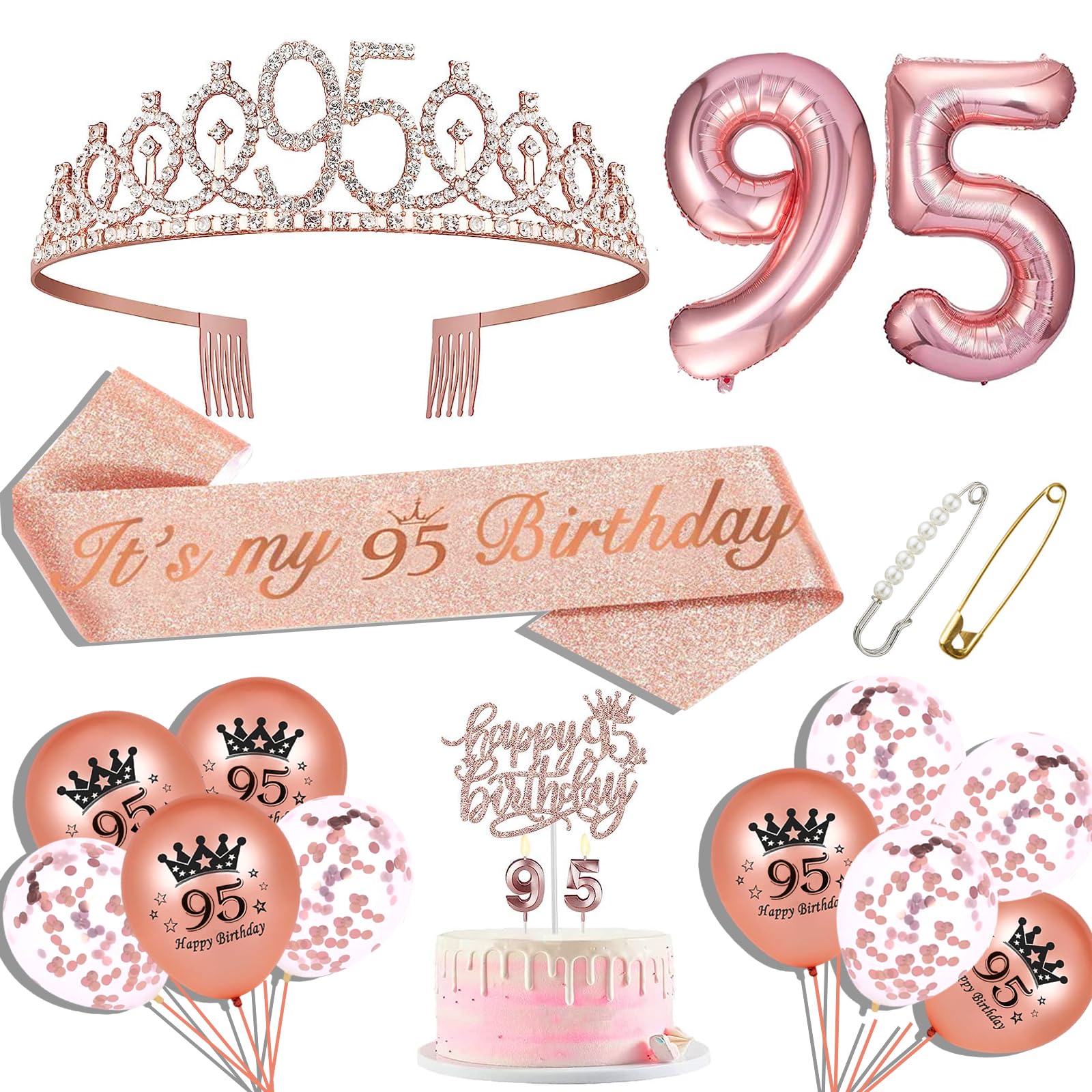 Photo 1 of 95th Birthday Party Decorations for Women Including 95th Birthday Sash for Women, 95th Birthday Crown, 95th Birthday Cake Topper, Balloons, Pin and Candle Set, Rose Gold