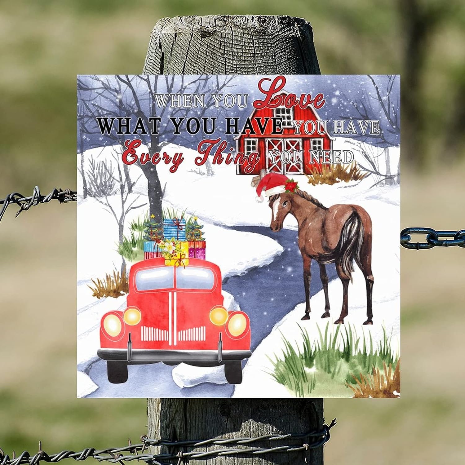 When You Love What You Have Wooden Signs Vintage Farm Red Truck Christmas Hat Horse Positive Wall Plaque Holy Night Wall Decor Farmhouse Rustic Wooden For Home Family Living Room Bedroom 16x16in