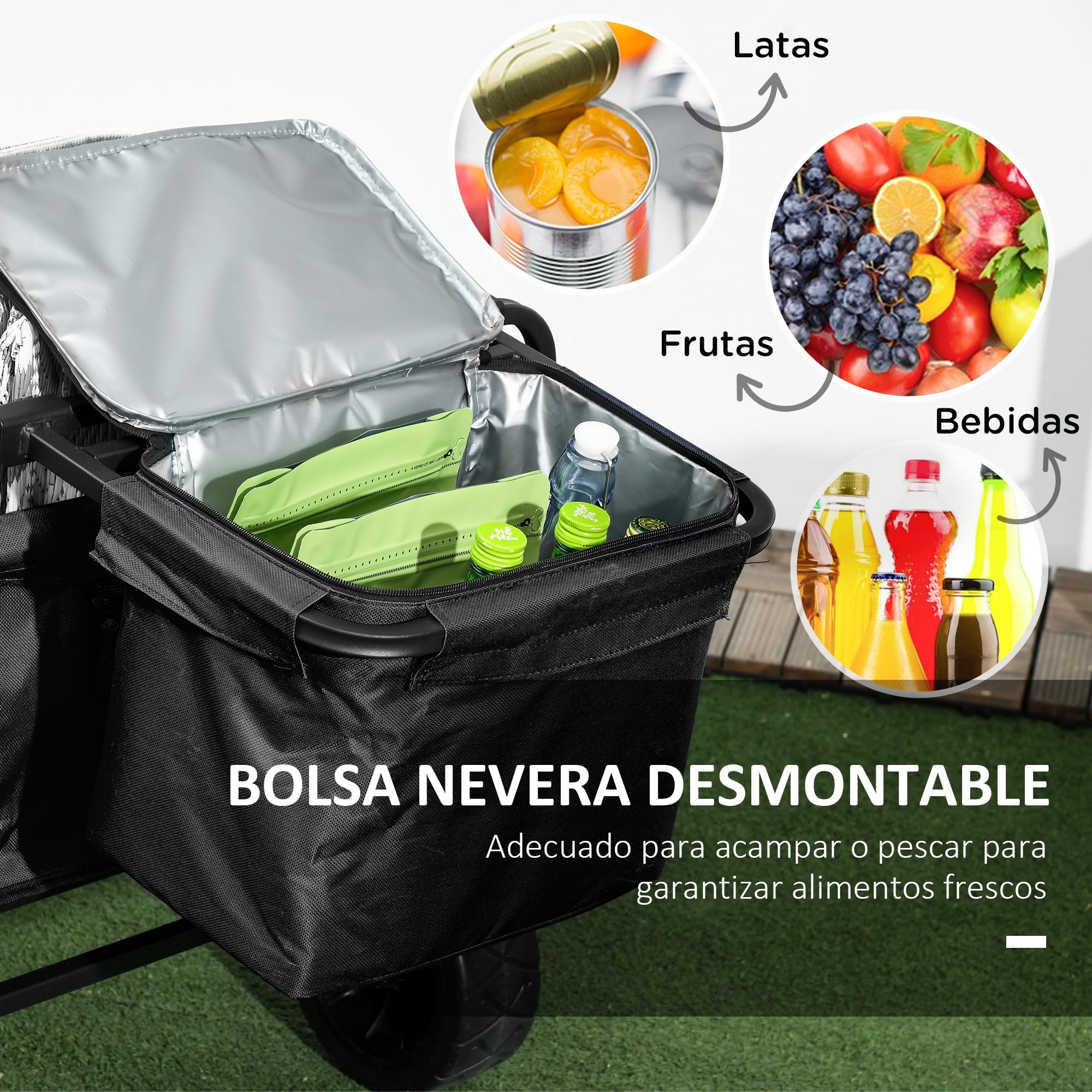 Outsunny Chariot de plage pliant avec grandes roues, extérieur, Noir | Sac isotherme amovible, longueur et angle de poignée réglables, sac de transport, 100 kg de charge, courses, jardin