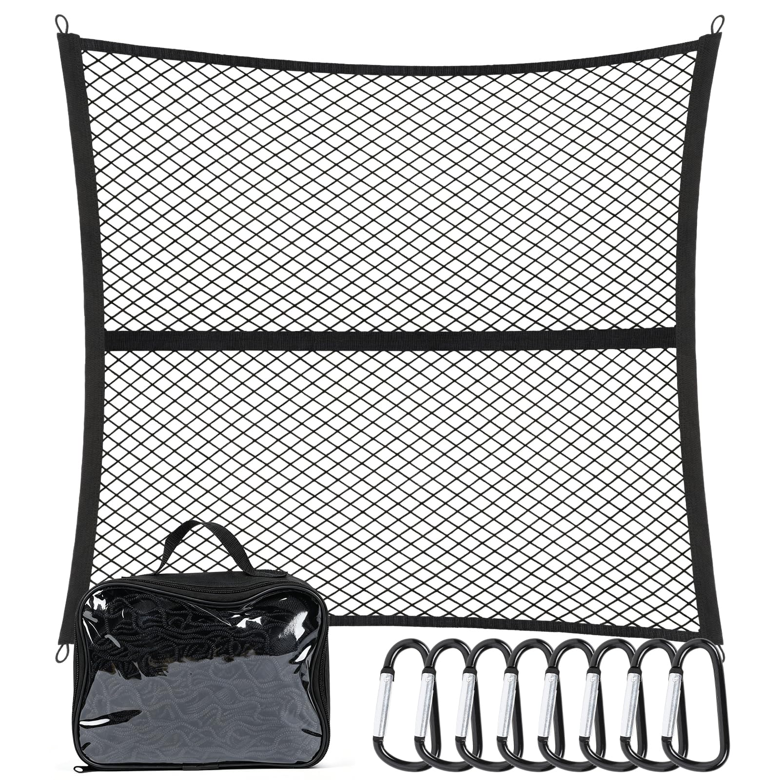 efuturetime Gepäcknetz Hochelastisches Frachtnetz Einlagig, 120 x 120 cm dehnbar bis 210 x 210 cm, Ladungssicherungsnetz mit 8 Metallhaken für LKW, Auto, Wohnmobil