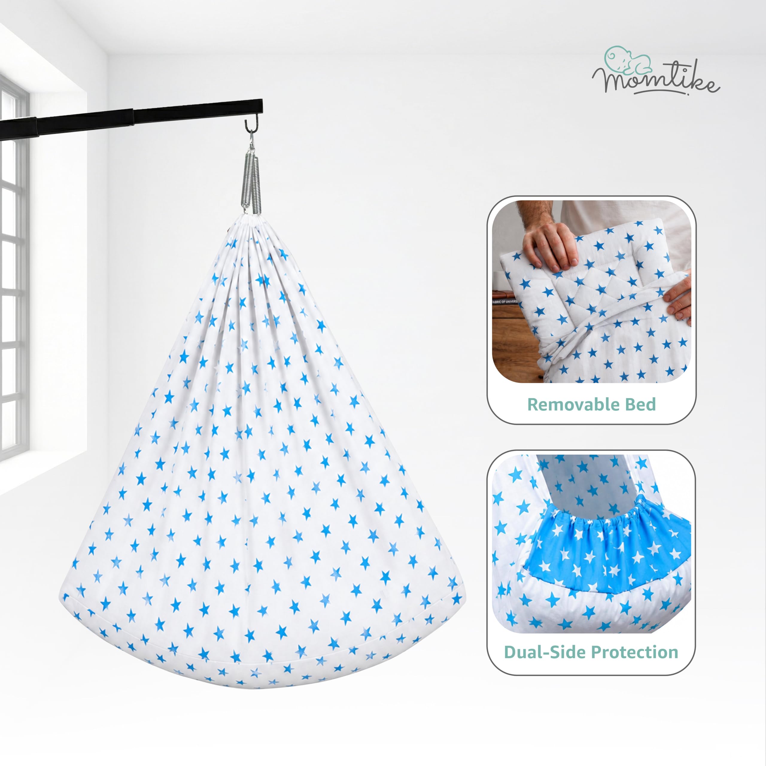 Baby Cradle̞, Foldable Window Hanger with Sliding Lock, Hanger Spring, Mosquito Net & Pad with Insert Pocket, Jhoola, Thottil, Joli, Jokali, Onjal (White Blue) 4