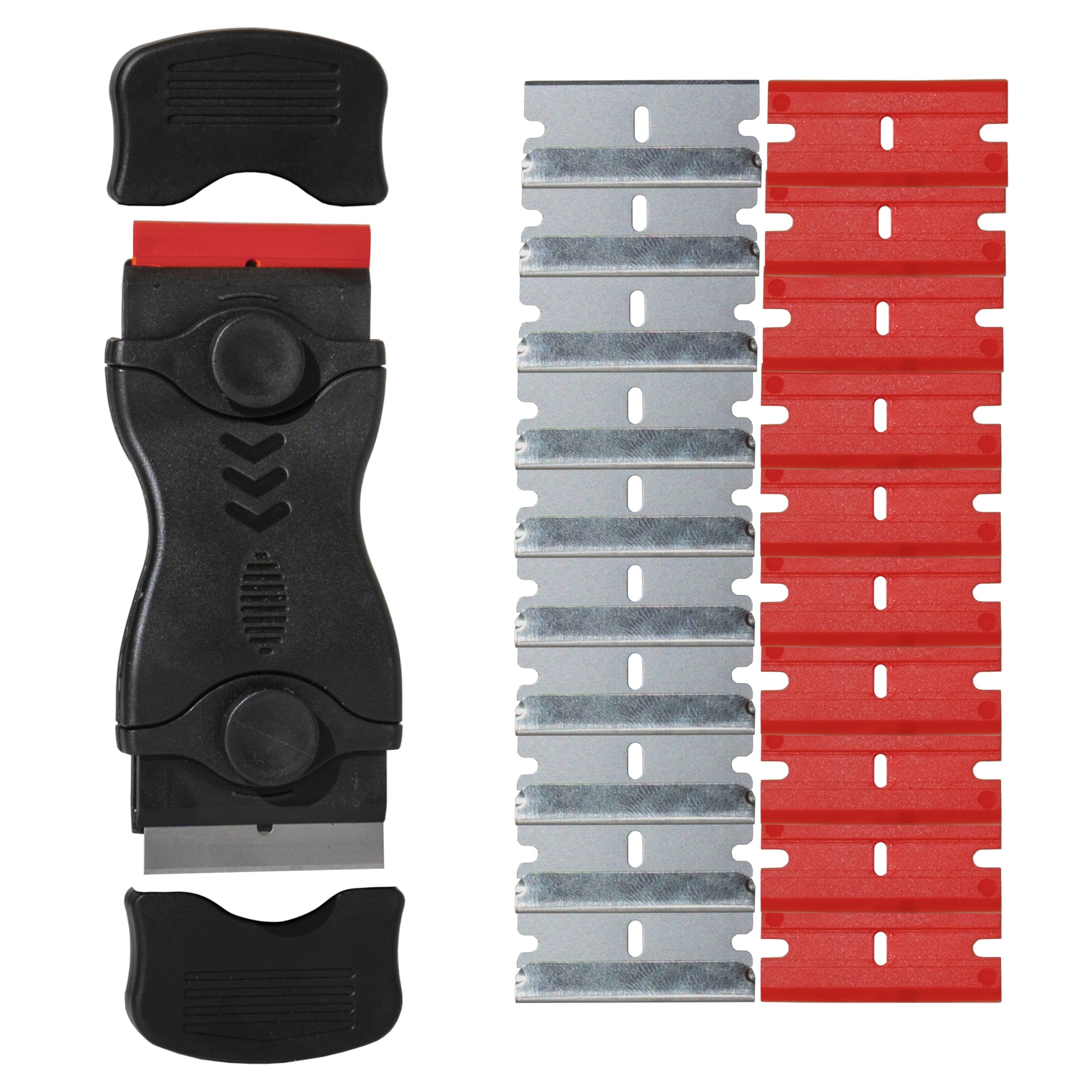 Mighty Melt Multi-Surface Plastic Scraper Tool - Non-Scratch - for Removing Burnt Food, Tough Stains & Stickers from Glass, Ovens, & More - Adhesive Remover - 10 Metal & 10 Plastic Blades