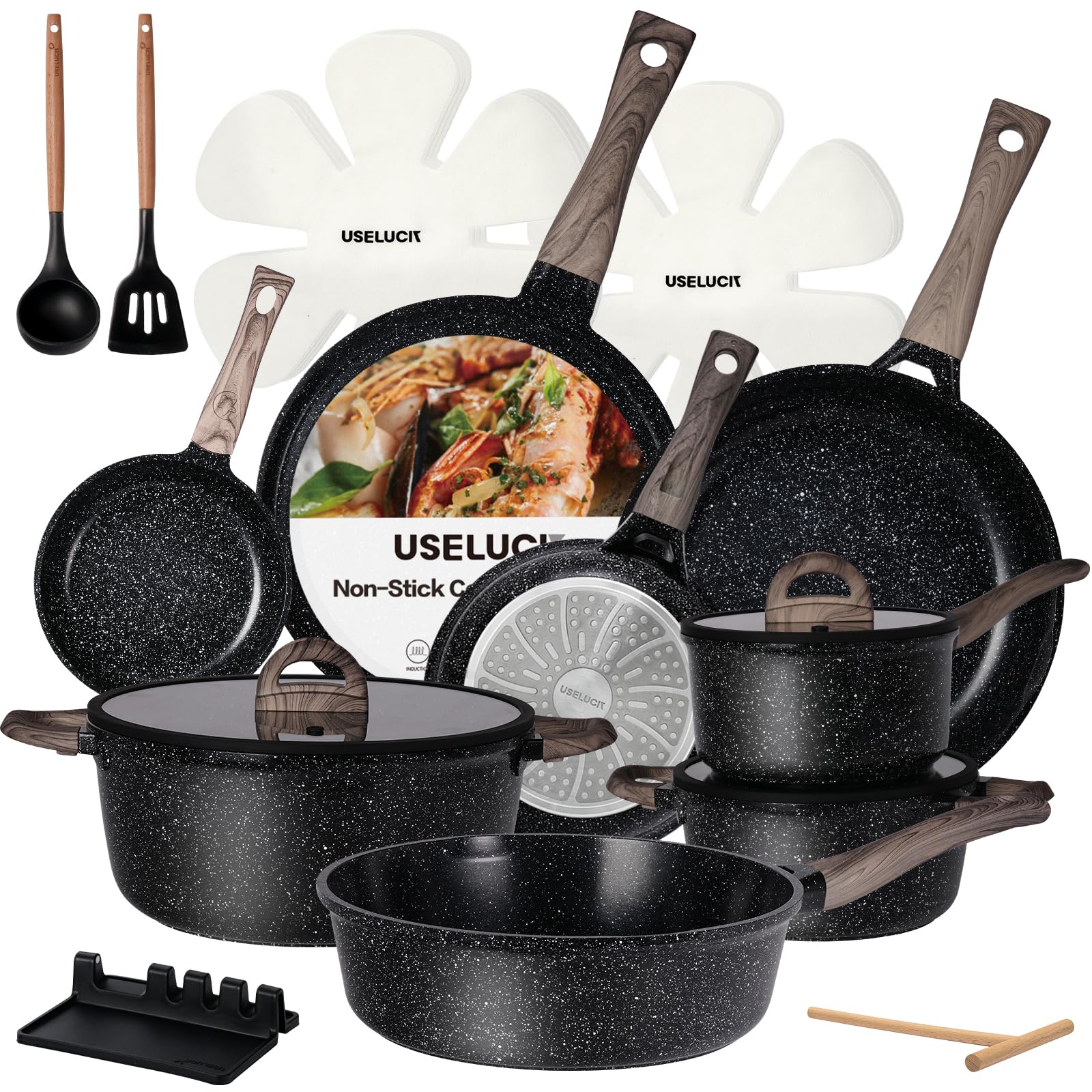 USELUCK Pots and Pans Set Non Stick Non-Toxic 22 Pcs Ceramic Cookware Sets