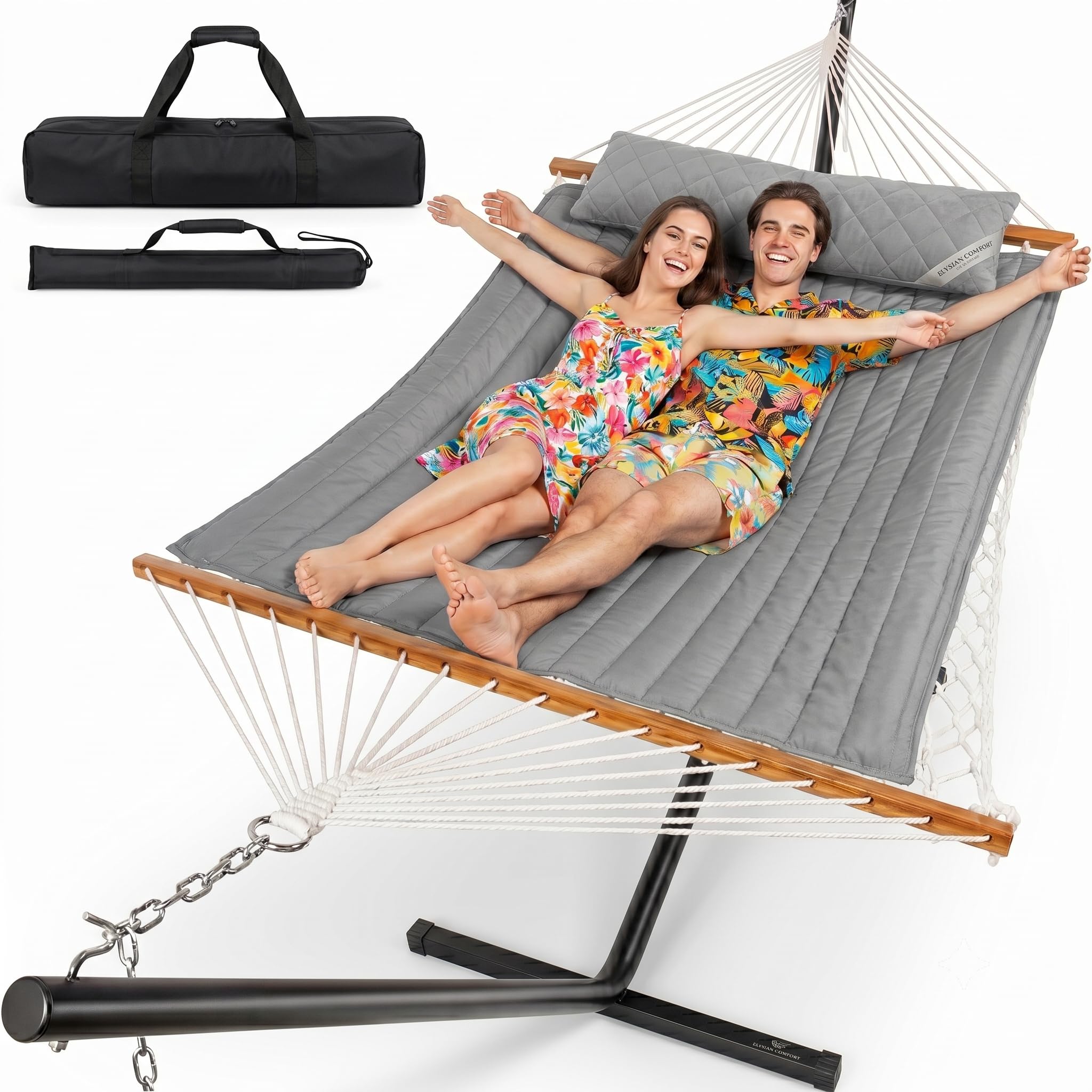 Everyfun 2 Person Double Hammock with Stand, 500 lb Cotton Rope, Urban Gray