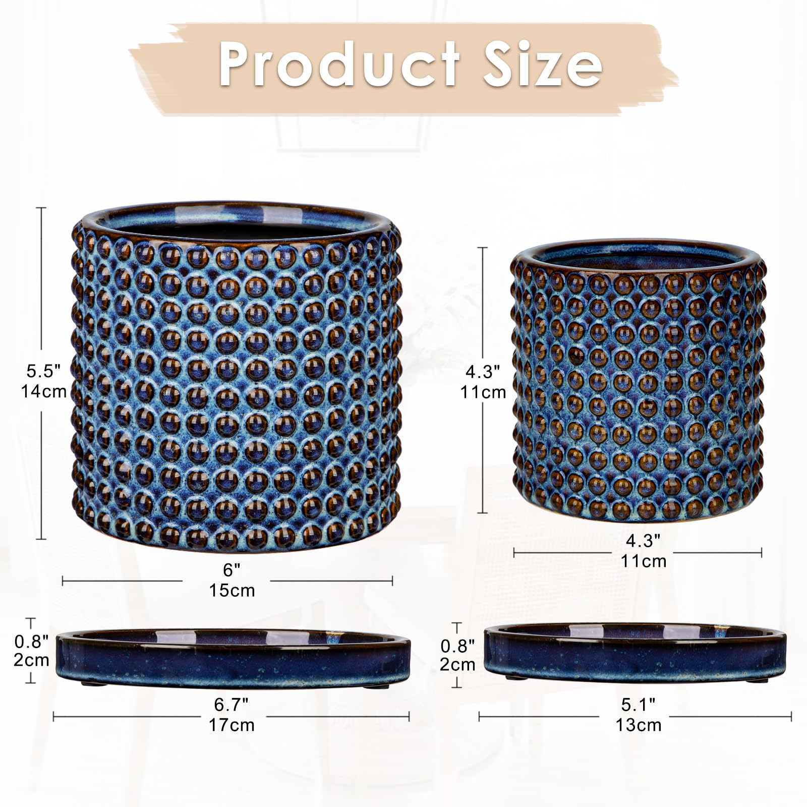 Oairse Ceramic Plant Pot 15CM + 11CM Bubble Ceramic Planter with Drainage Holes Blue Flower Pots Beaded Design Decorative Plant Pots Indoor pour Cactus Snake Plant Houseplant - Image 2