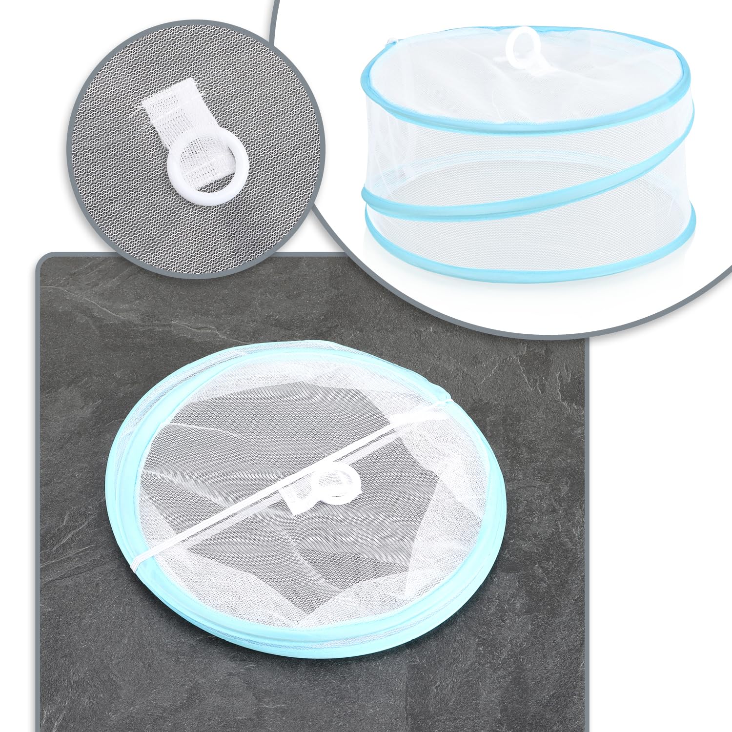 COM-FOUR® 4x coperture antimosche pop-up - coperture per alimenti - ombrelli alimentari pieghevoli in due misure - protezione dagli insetti - copertura in rete (4 pezzi - bianco/blu/verde)