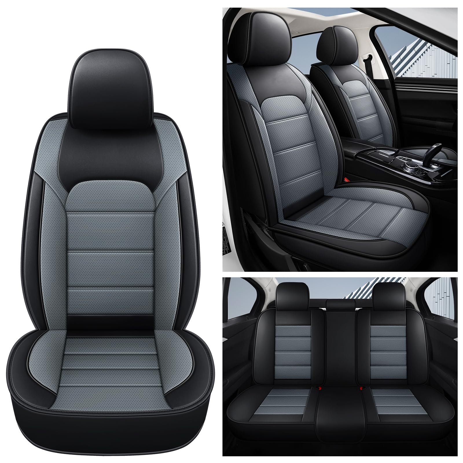 QUYDDCCar Seat Covers Full Set 3D Foam Back Support, 5 Seats Universal Fit for Most Sedan and SUVs, Waterproof PU Leather Super Breathable, Storage Bags, All Season, Gray ＆ Black