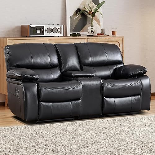 Miniatura 7 de EBELLO Americana - Sofá reclinable manual de piel sintética, sofá reclinable doble minimalista de 2 asientos con consola central, almacenamiento