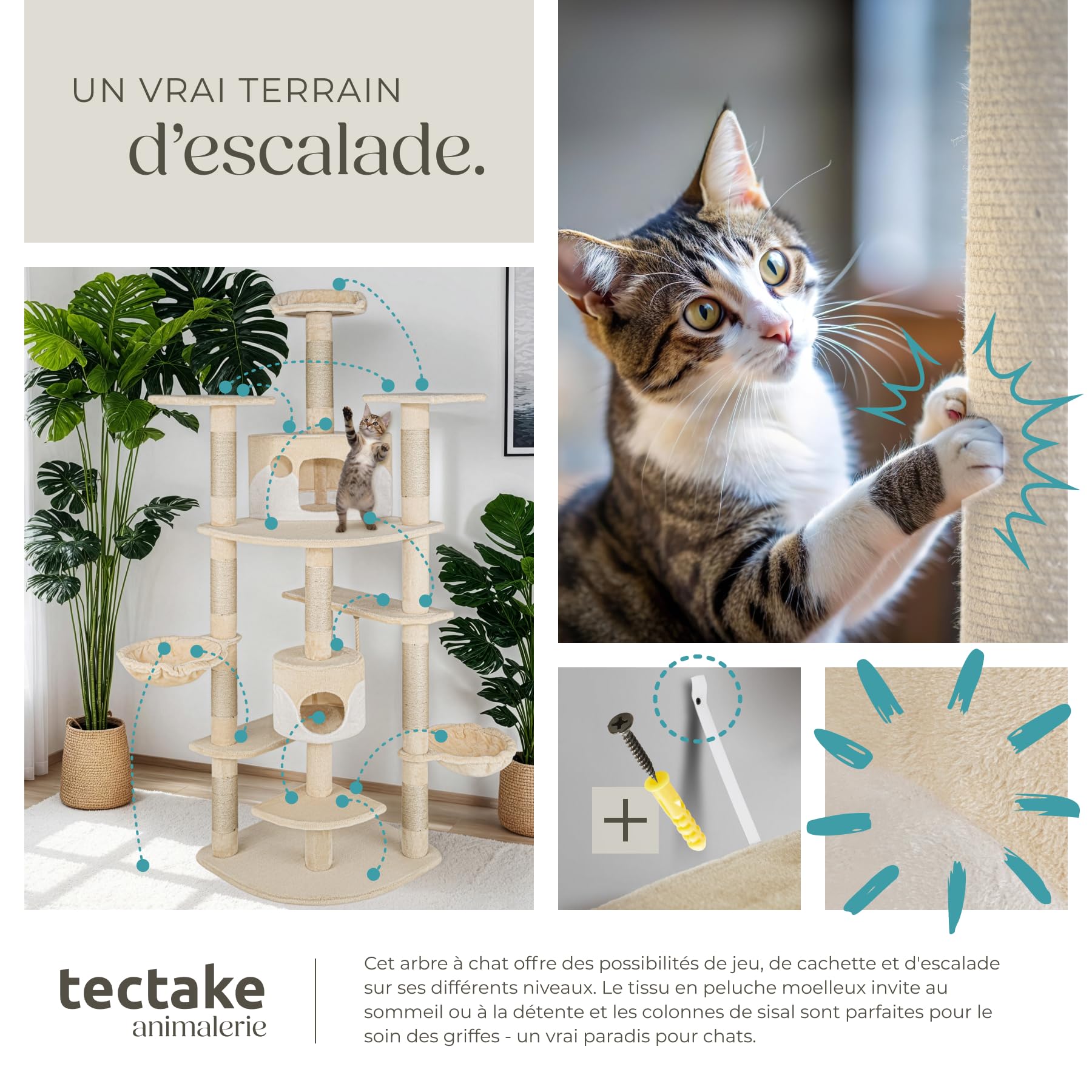 tectake® Arbre à Chat XXL Griffoir pour Chat en sisal H201 cm, Maison pour Chats Accessoire Chats avec Grattoir Niche Couchage Hamac Panier Lit
