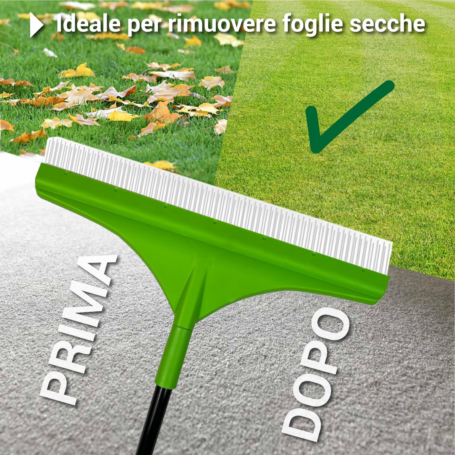 Crisalide® - Rastrello per Erba Artificiale Setole in Poliammide 35 mm, Doppia Fila, Asta Telescopica 80-130 cm, Larghezza 45 cm Manico Ergonomico in Gomma Per Pulizia e Cura di Prati Sintetici