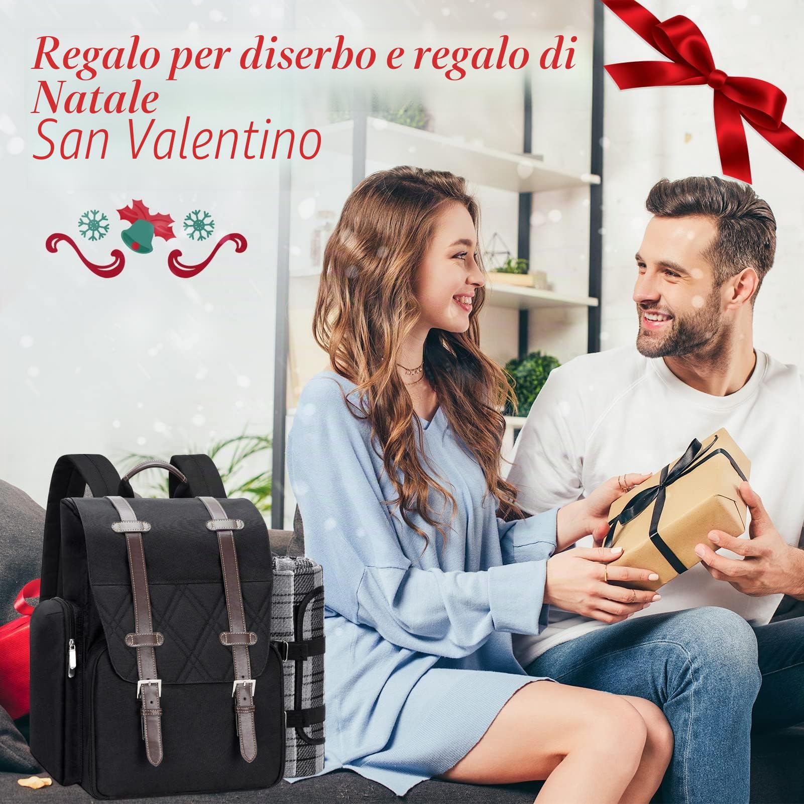 Zaino da picnic per 4 persone con grande borsa termica isolata, cestino da picnic con sacchetto di vino, coperta da picnic impermeabile e set di posate. Perfetto per spiaggia, festa, regalo di nozze