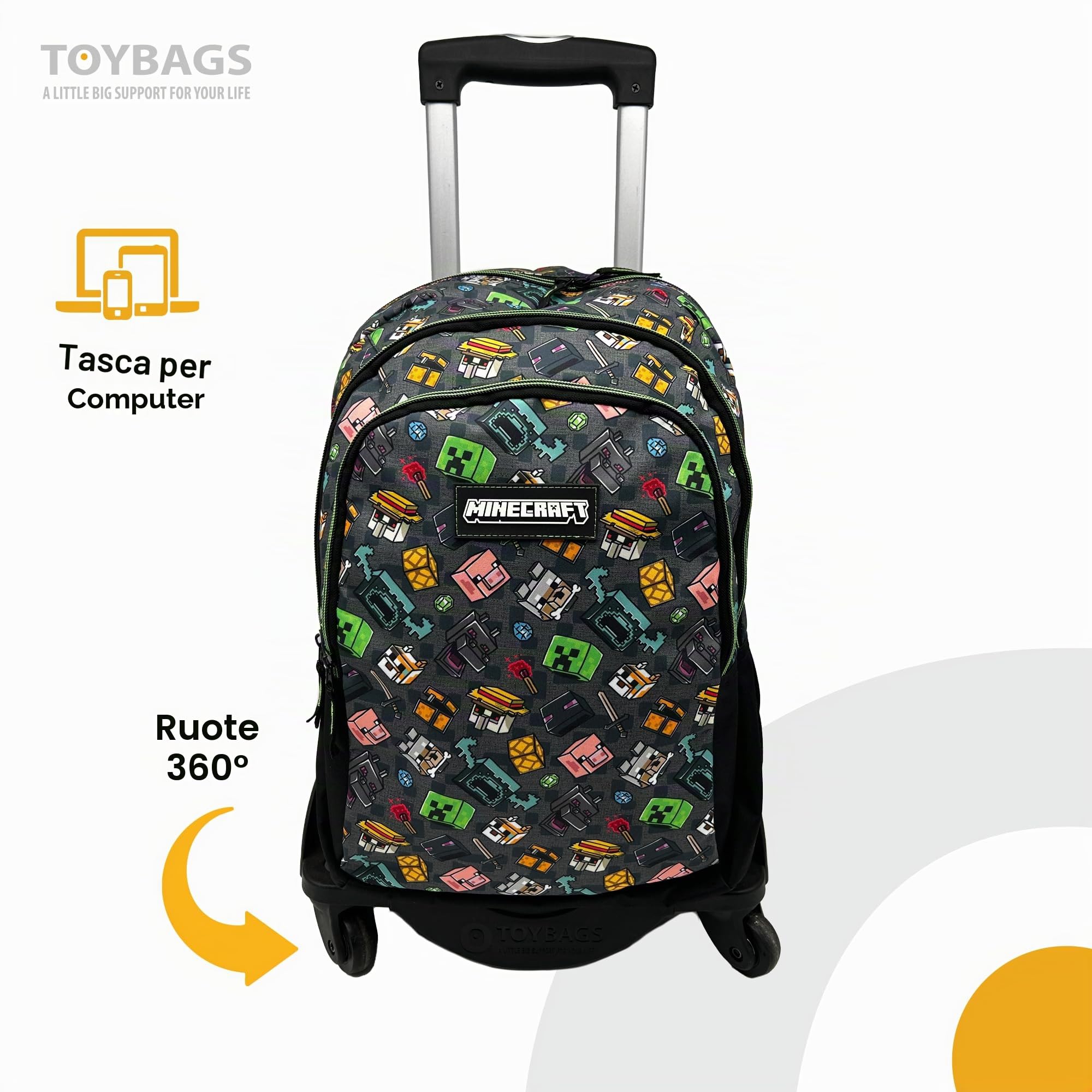 Minecraft Zaino scuola Pixel 25 doppio scomparto adattabile + carrello nero TOYBAGS con protezione laterale e inserto frontale anti caduta 4 ruote girevoli - 44 x 30 x 20 cm, multicolore, M, Casual