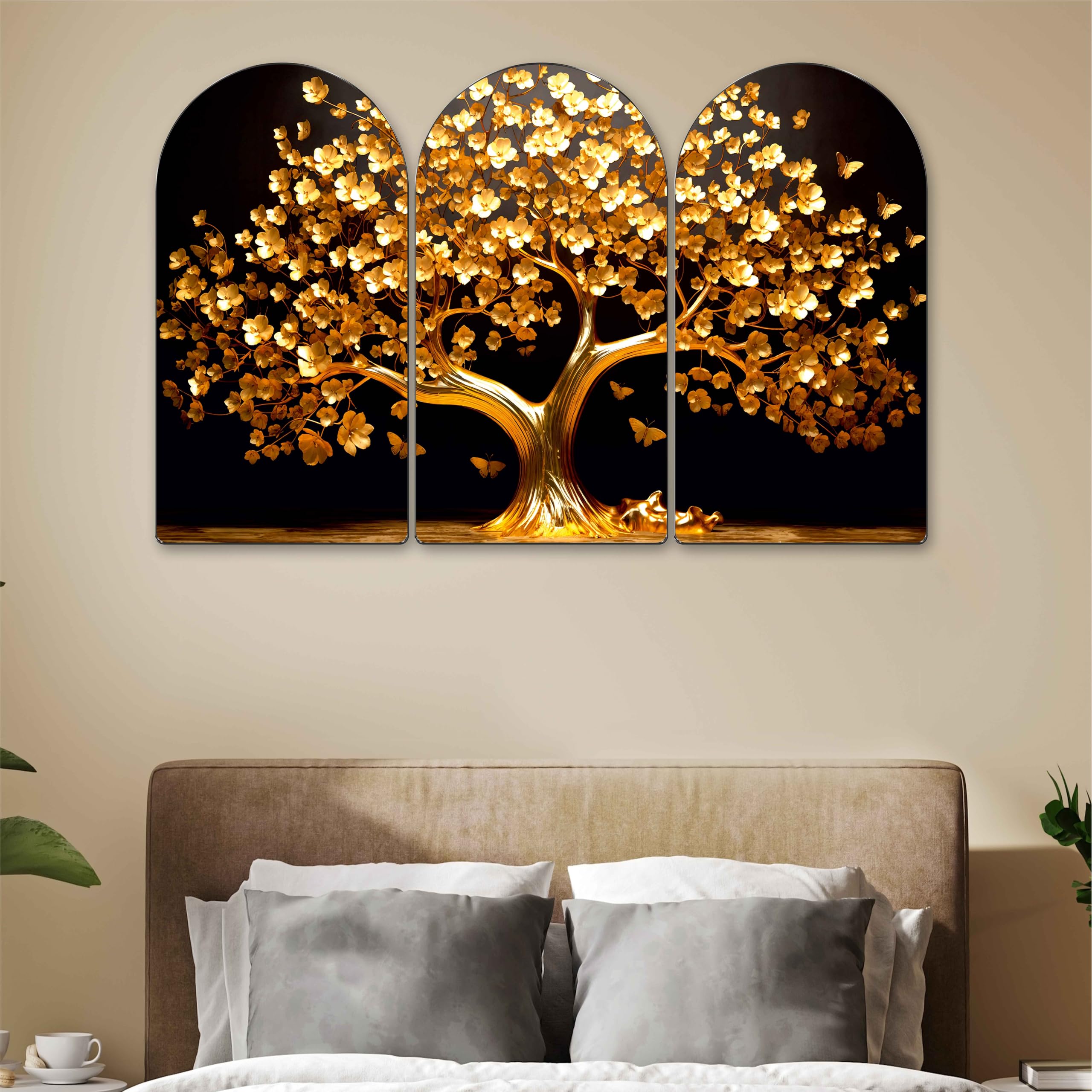 Livin'luxe Golden Tree Arch Shape 3 Panel Wall Painting Set | Sparkle Laminated HD Print on MDF | Luxury Golden Tree Artwork for Living Room Bedroom Home Wall Decoration (24 x 36 Inch) RPNM-35360-image-46